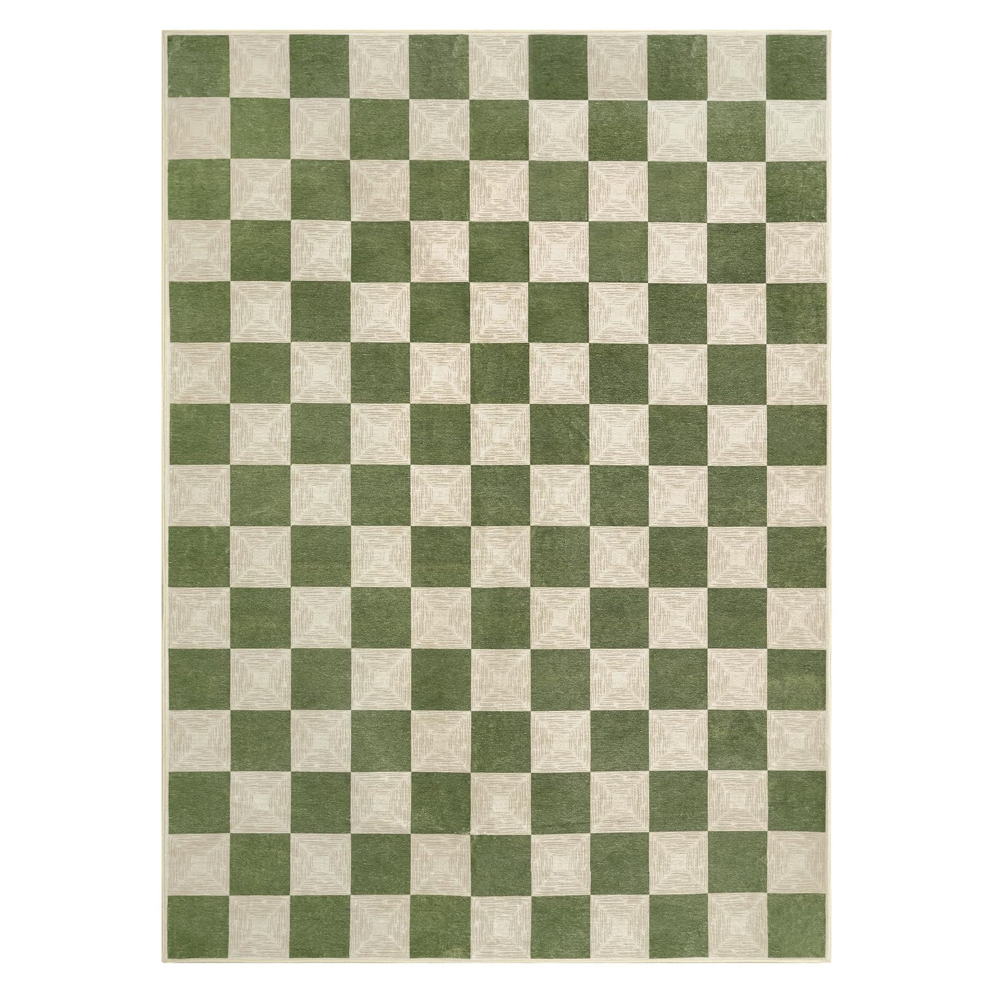 Kiginara Washable Green Checkered Rug 5x7, Non-Slip Low Pile Area Rug for Living Room, Bedroom, Nursery, Modern Neutral Farmhouse Checkerboard Carpet, Pet & Kid Friendly