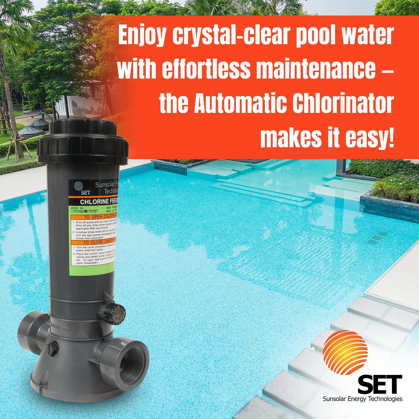 SUNSOLAR Automatic Chlorinator for Above Ground Pools and In-Ground Pools- Free Standing in-Line - Dispenser Holds 4.2lbs