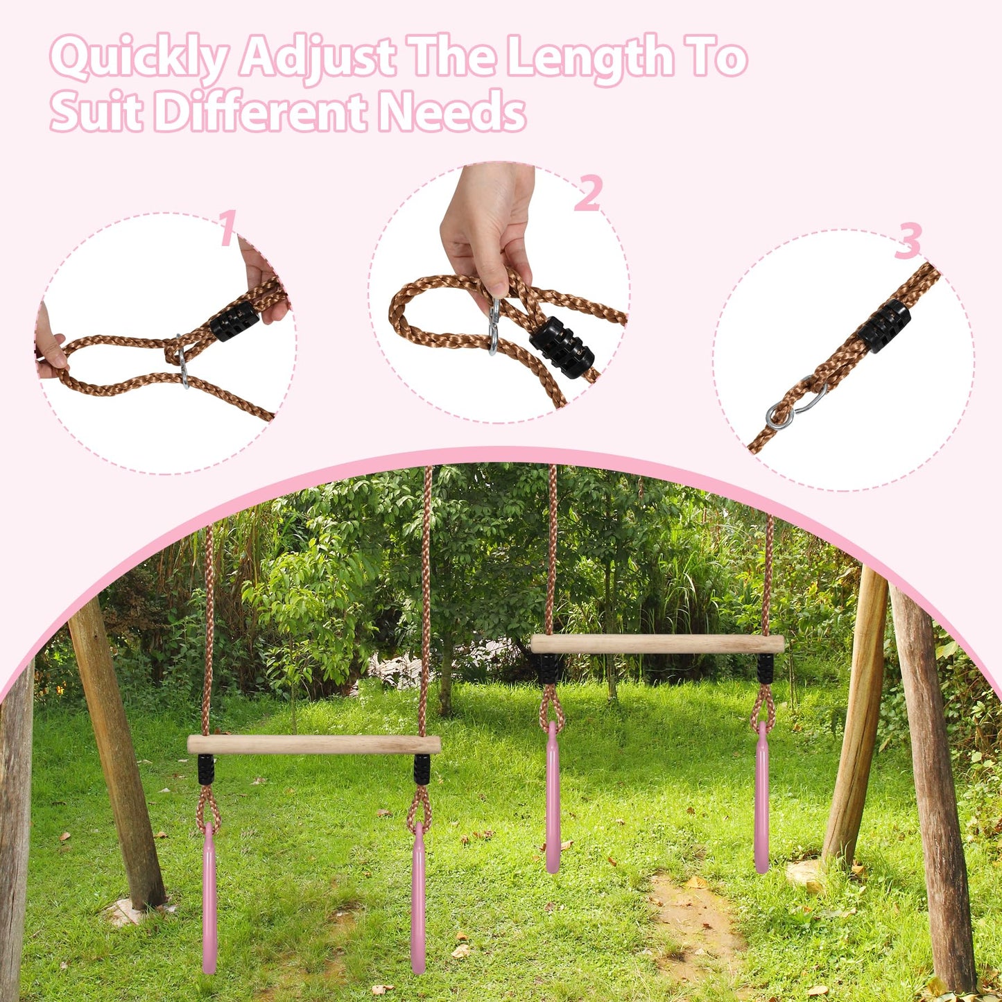 RedSwing Trapeze Swing Bar Rings, Trapeze Bar for Kids with Adjustable Rope, Locking Straps, Outdoor Swing Set Playground Accessories, Pink