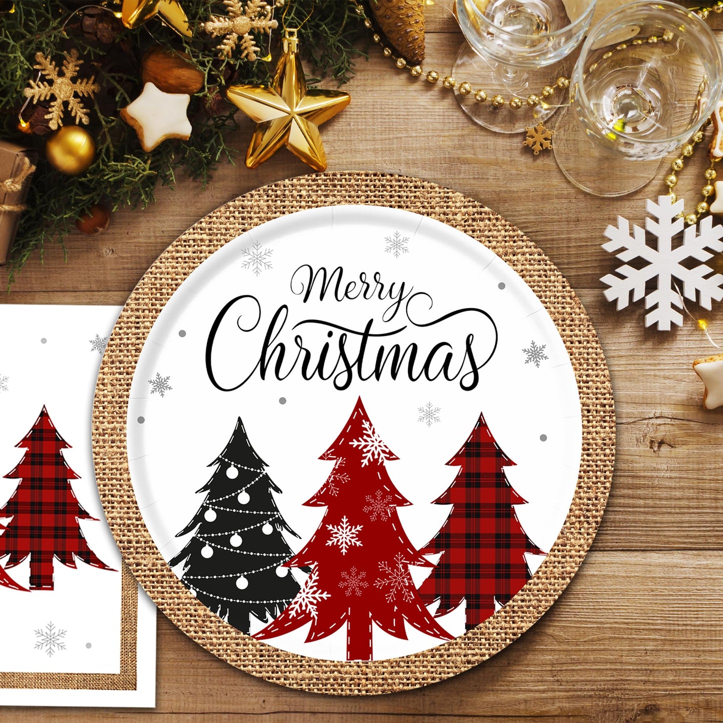 Christmas Paper Plates and Napkins(Serves 25), Christmas Plates Disposable, Christmas Tree Plates and Napkins set Included Dinner Plates, Dessert Plates, Napkins and Cups,Christmas Party Supplies