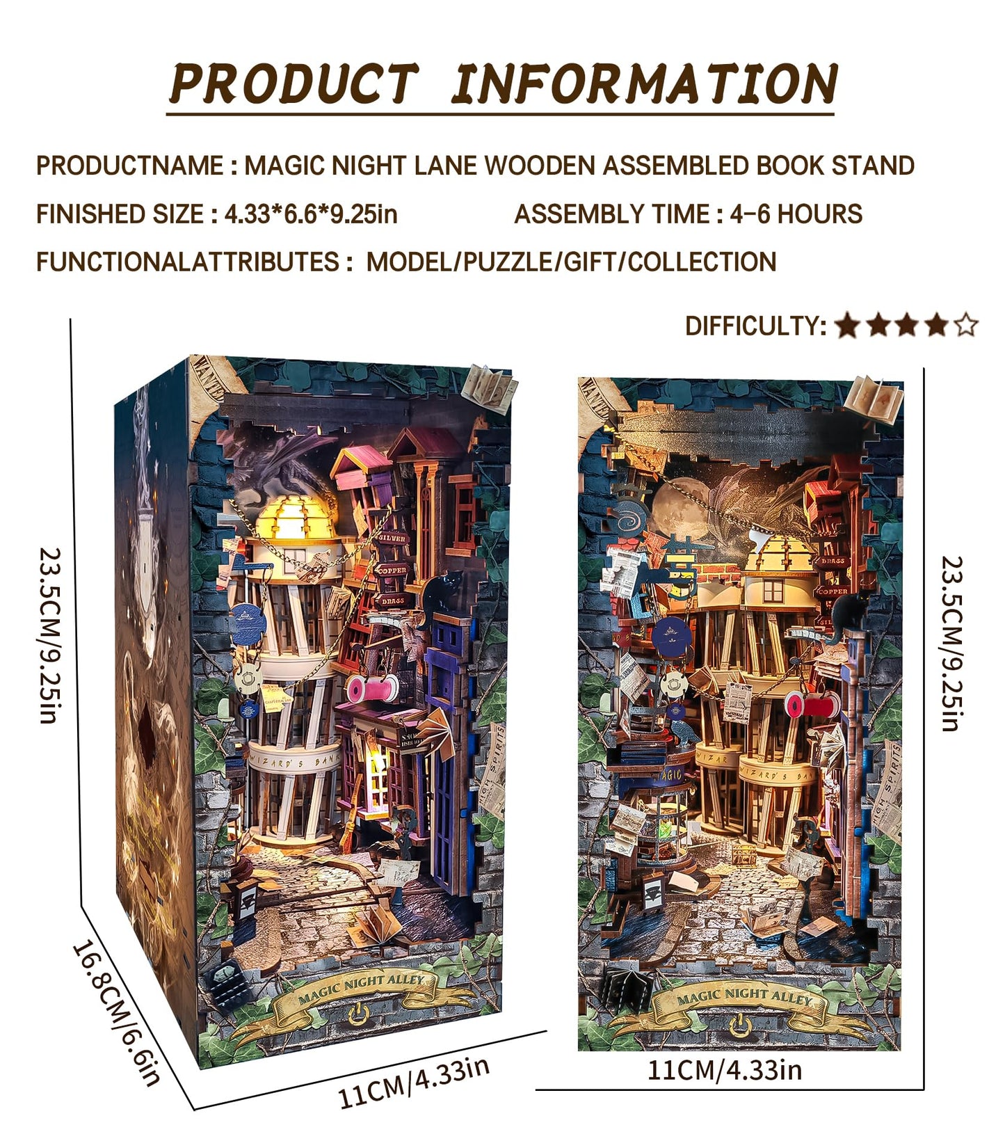 Spilay DIY Book Nook Kit,DIY Dollhouse Booknook Bookshelf Insert Decor Alley,Bookends Model Build kit with LED Light,Handmade Crafts Gifts for Birthday (Magical Night Alley with Dust Cover LED)