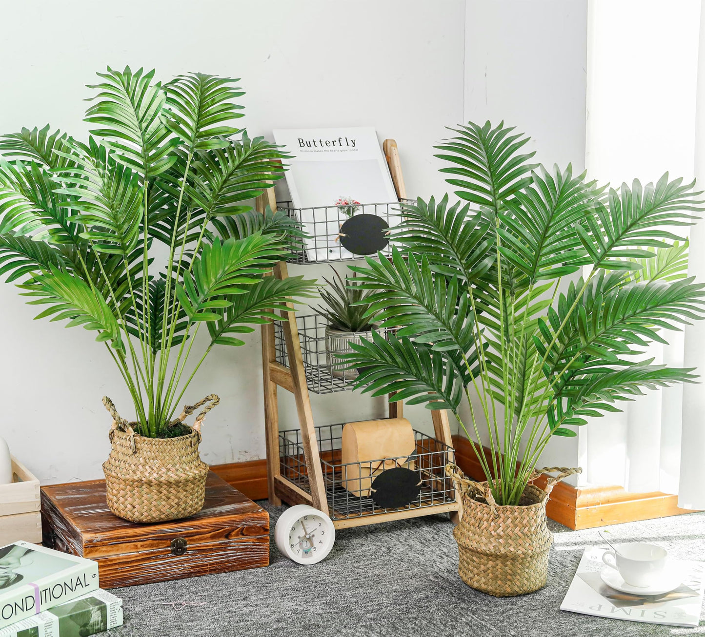 Der Rose 2Pcs Fake Palm Tree 28Inch Large Fake Potted Faux Areca Palm Plant with Hand-Woven Baskets with Handles for Indoor Outdoor Home Office Porch Balcony Bedroom Decor
