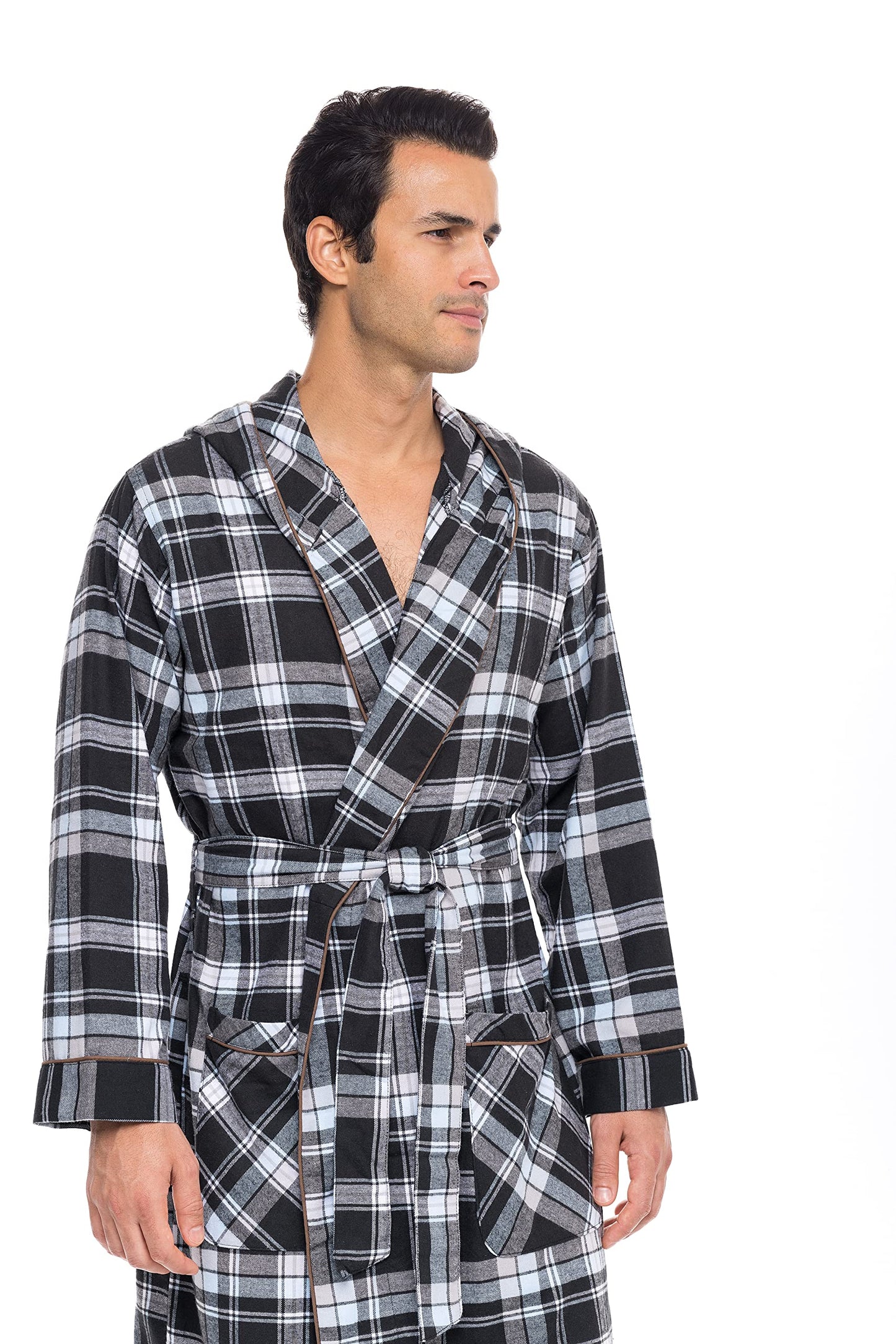 AMERICAN HEAVEN Men's Flannel Fleece Robe | Soft Cotton Shawl Collar Full Length Plaid Robe, Black/Blue Plaid, Small-Medium