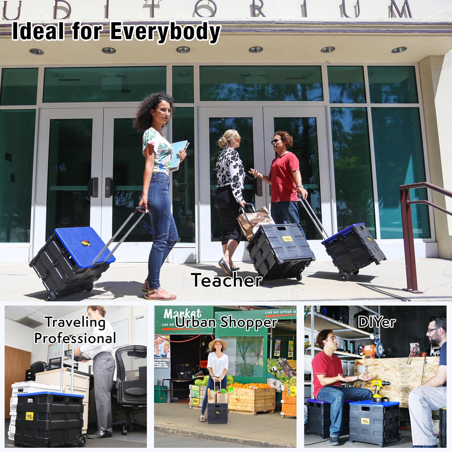 Dbest Products Quik Cart Collapsible Rolling Crate on Wheels for Teachers Tote Basket, 80 lbs Capacity, Blue Lid Made from Heavy Duty Plastic and Used as a Seat, 01759MB