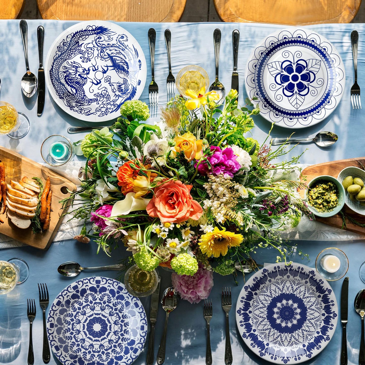Nitial 120 Pcs Blue and White Flower Paper Plates 9 Inch Chinoiserie Disposable Serve 30 Guests Blue Flower Paper Disposable Dinnerware for Bridal Baby Shower Wedding Tea Party Decor(Round)