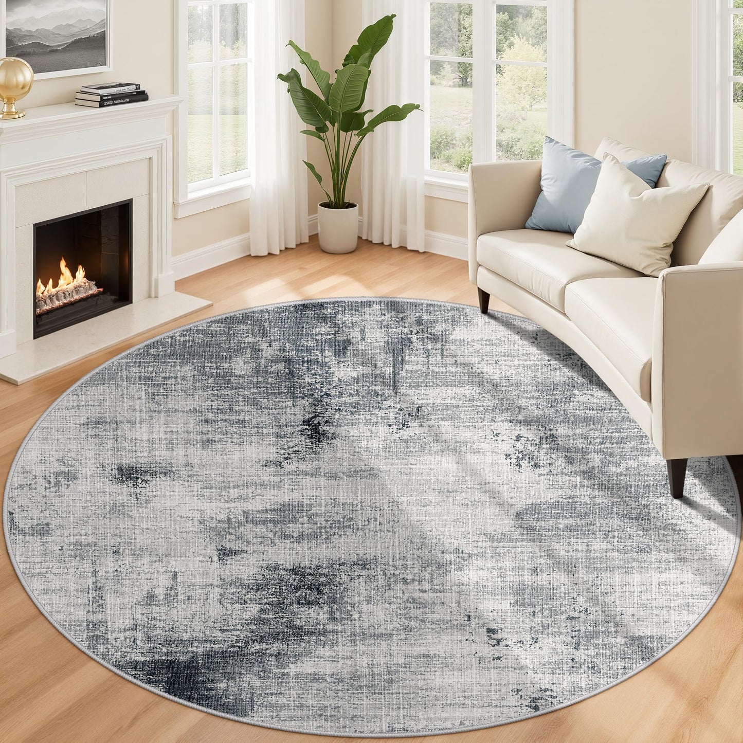 6ft Washable Round Rug - 6x6 Area Rugs Modern Abstract Rugs for Living Room Non-Slip Low Pile Soft Machine Washable Carpet for Bedroom, Living Room, Dining Room, Nursery, Farmhouse (6'x6' Dark Grey)