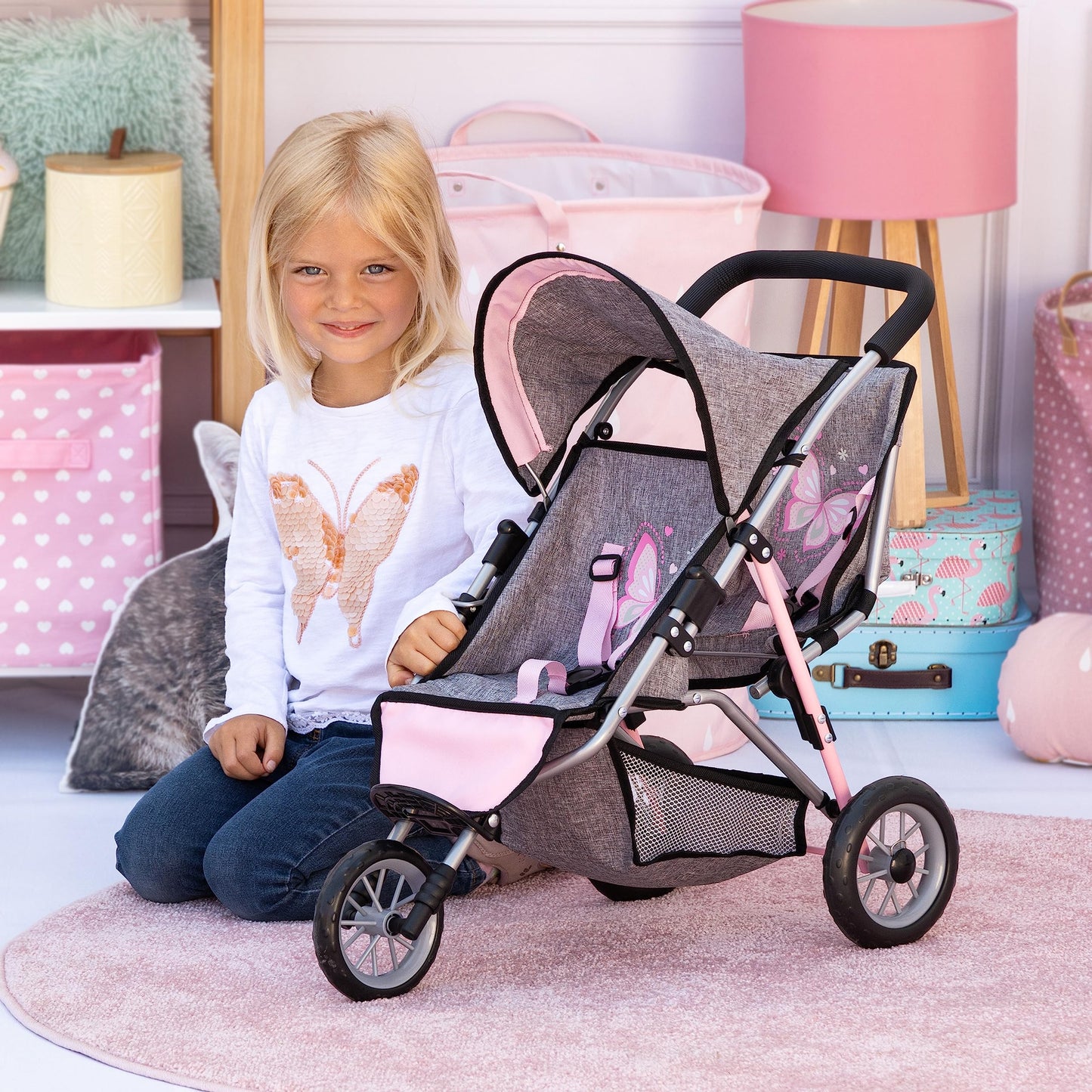 Bayer Design - Twin Dolls Pram Duo Grey Pink Butterfly - Double Stroller for Dolls, Sun Canopy, Security Belt - Dolls Up to 18” - Age 3+ - 39133AA