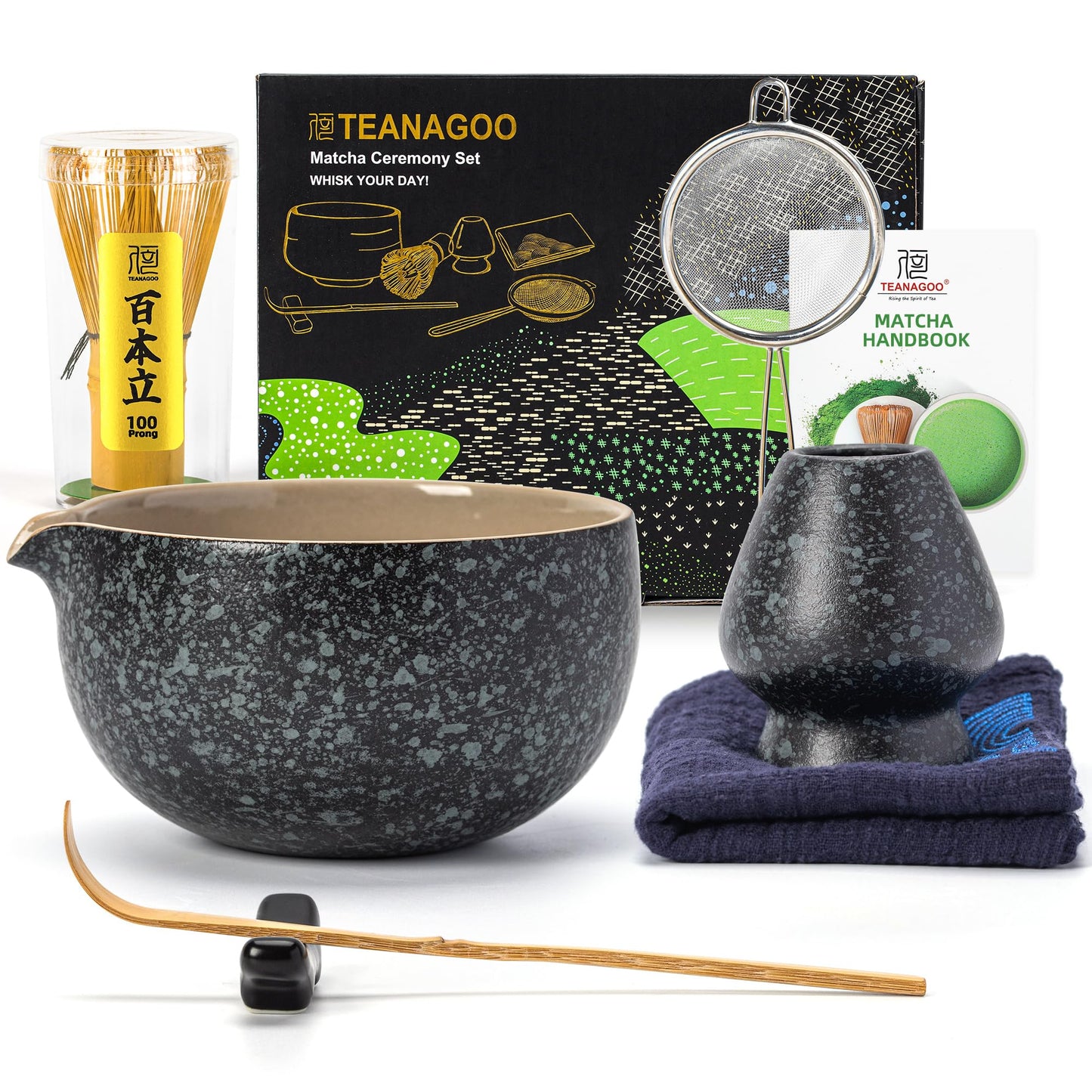 TEANAGOO Matcha Set, 7 Pcs Matcha Whisk Set, Matcha Making Kit for Ceremony, Tradition Matcha Tea Set, Matcha Whisk and Ceramic Bowl with Matcha Scoop&Sifter, Matcha Starter Set for Beginner