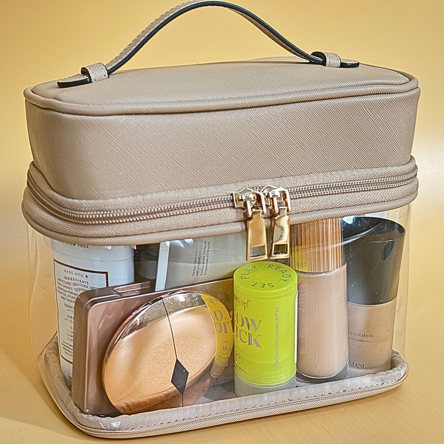 JAZD Clear Makeup Bag Toiletry Bag for Women Cosmetic Large Capacity Travel Make Up Bag Organizer Transparent Train Case TSA Approved, BEIGE, Tranparent Makeup Bag With Top Handle