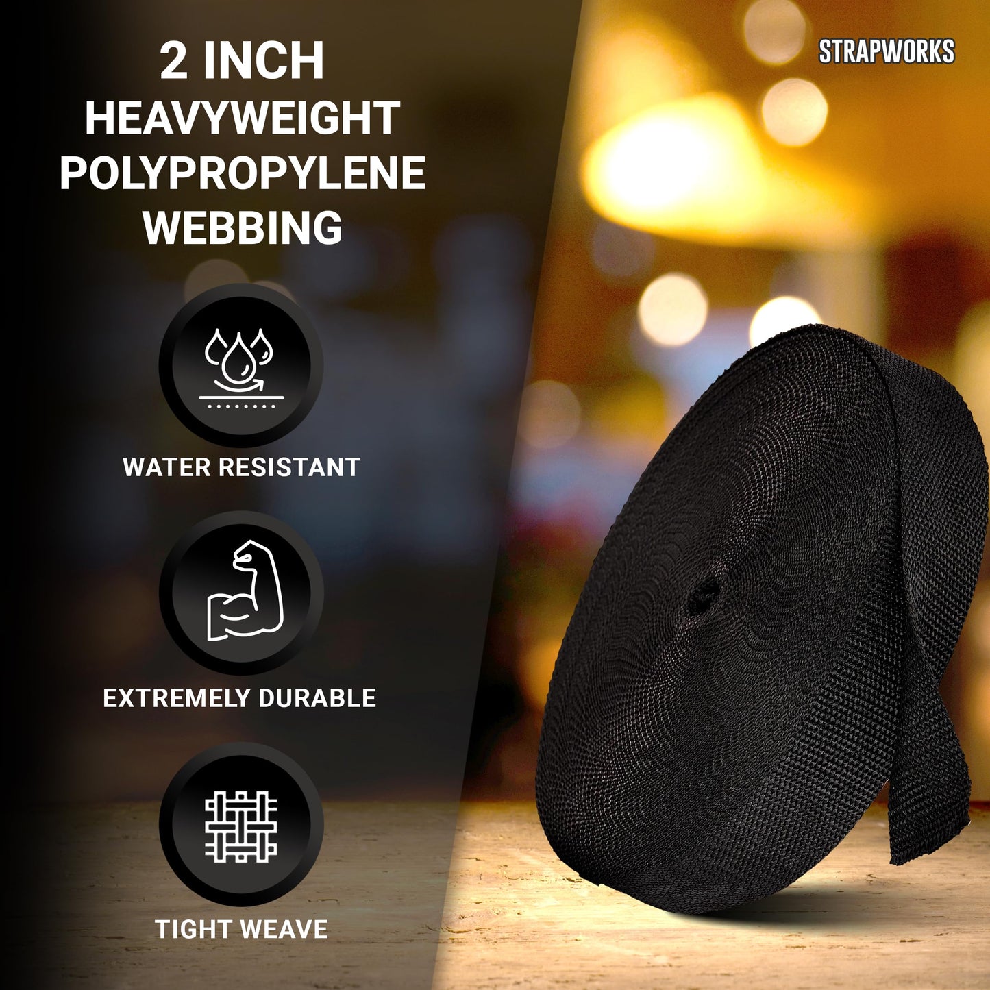 Strapworks Heavyweight Polypropylene Webbing - Heavy Duty Poly Strapping for Outdoor DIY Gear Repair, 2 Inch x 50 Yards, Black