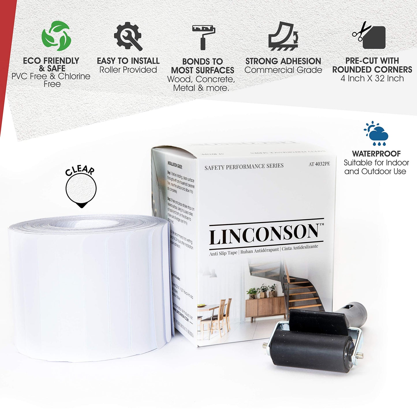 LINCONSON Clear Slip Resistant Stairs Tread Grip Tape | 4” x 32” | Anti Slip Strips-PVC Free (15 Pack) | Easy Install Roller Included