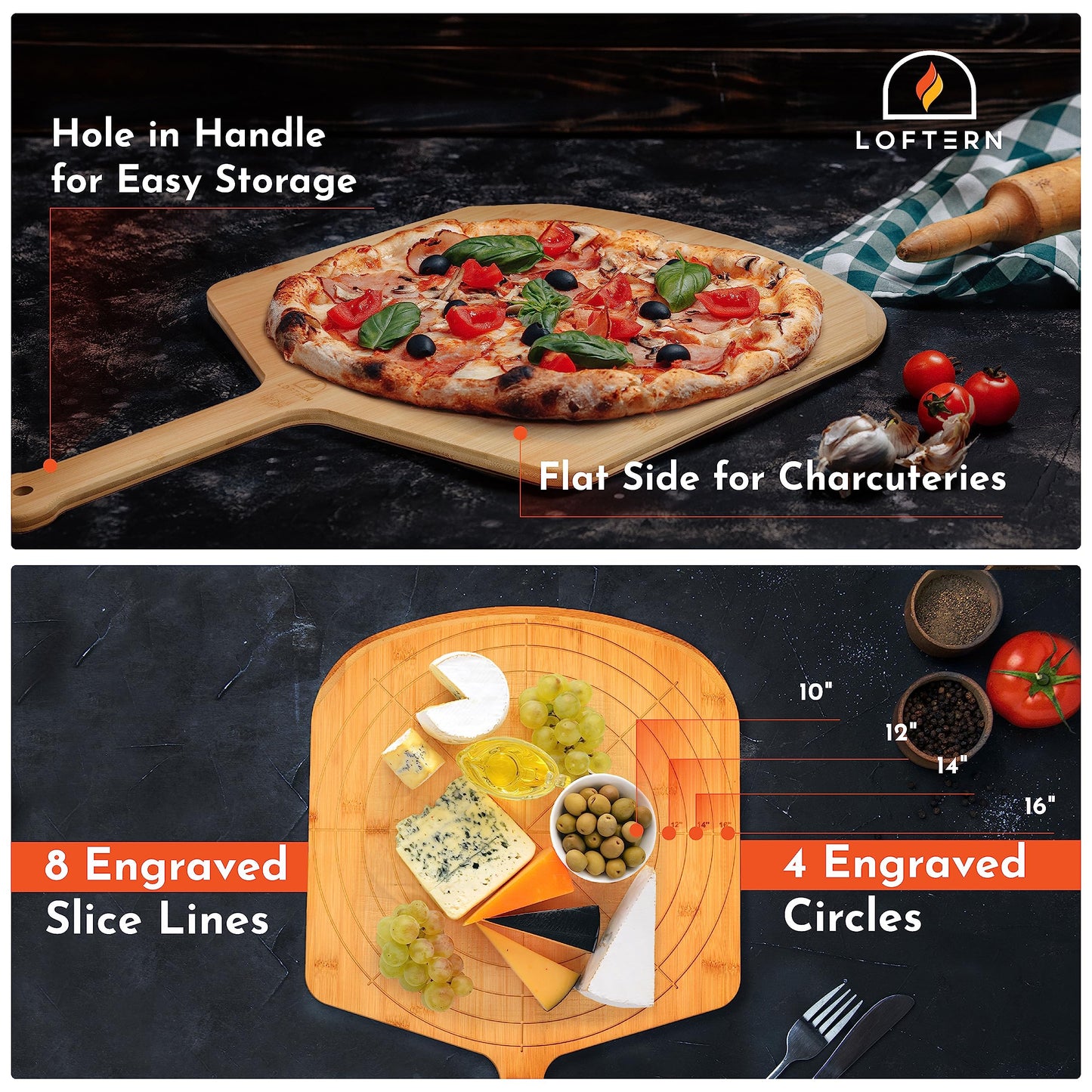 Loftern 16-Inch Bamboo Wood Pizza Peel - Multi-Purpose Bamboo Pizza Cutting Board, Wood Pizza Peel, Pizza Spatula Paddle, and Serving Board with Size and Cutting Guide