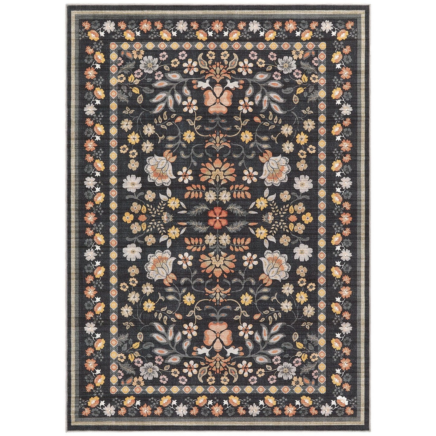 Uermei 5x7 Area Rug for Living Room: Washable Boho Floral Soft Non-Slip Low Pile Carpet for Bedroom Dining Room Kids Playroom Office Decor Indoor-Black Grey