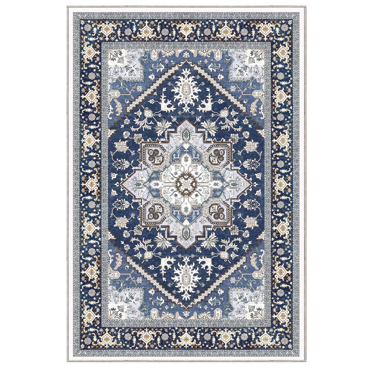 OPPODREAM Soft Area Rug 5x7, 5x7 Rugs for Living Room, Washable Rugs for Bedroom with Non Slip Backing, Faux Cashmere Low-Pile 5 x 7 Carpet, Navy Blue & Golden