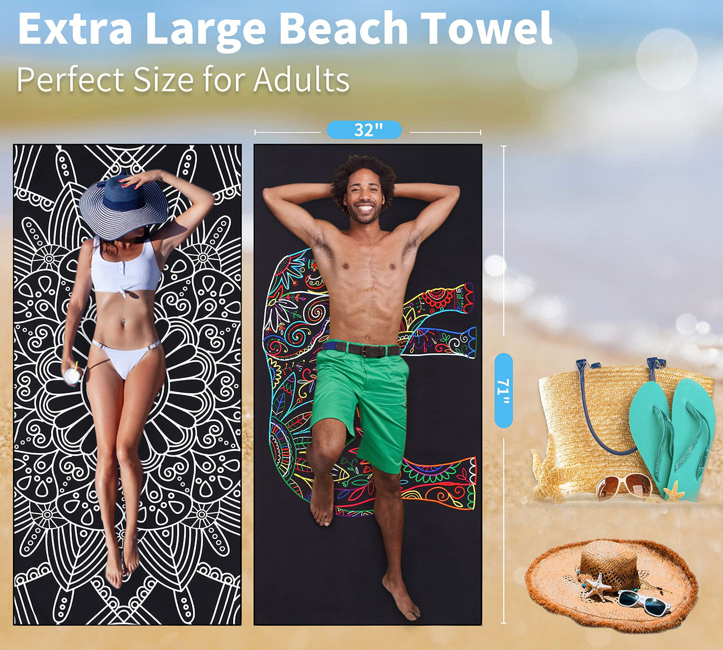 4 Pack Lightweight Thin Beach Towel Oversized 71"x32" Big Extra Large Microfiber Sand Free Towels for Adult Quick Dry Travel Beach Accessories Vacation Gift Coconut Tree Laguna Mandala Elephant