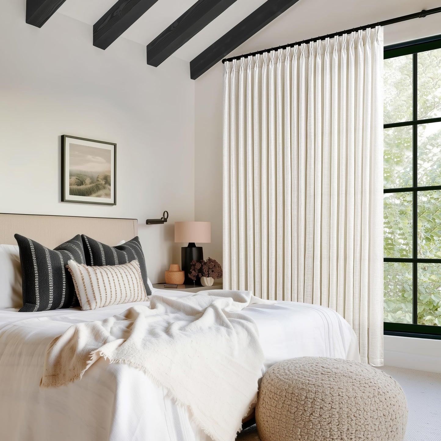 Extra Wide Linen Curtains 90 Inches Long 70 Inch Wide for Living Room Bedroom Light Filtering Cream Natural Pinch Pleated Curtains Neutral Boho Hooks Rings Back Tab Sliding Glass Door 70Wx90L 1 Panel