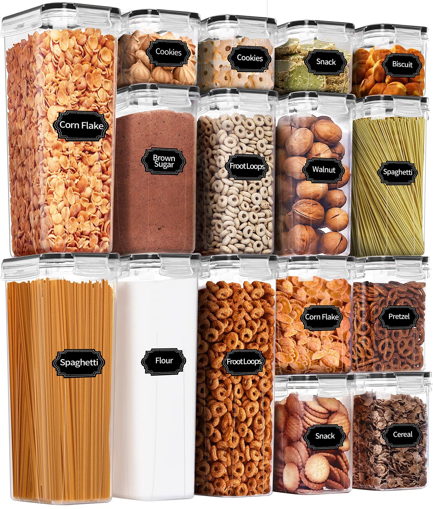PRAKI Airtight Food Storage Container Set with Lids, 16 Pcs Plastic Dry Food Canisters for Kitchen Pantry Organizers and Storage, Ideal for Cereal, Flour & Sugar - Labels, Marker(Black)