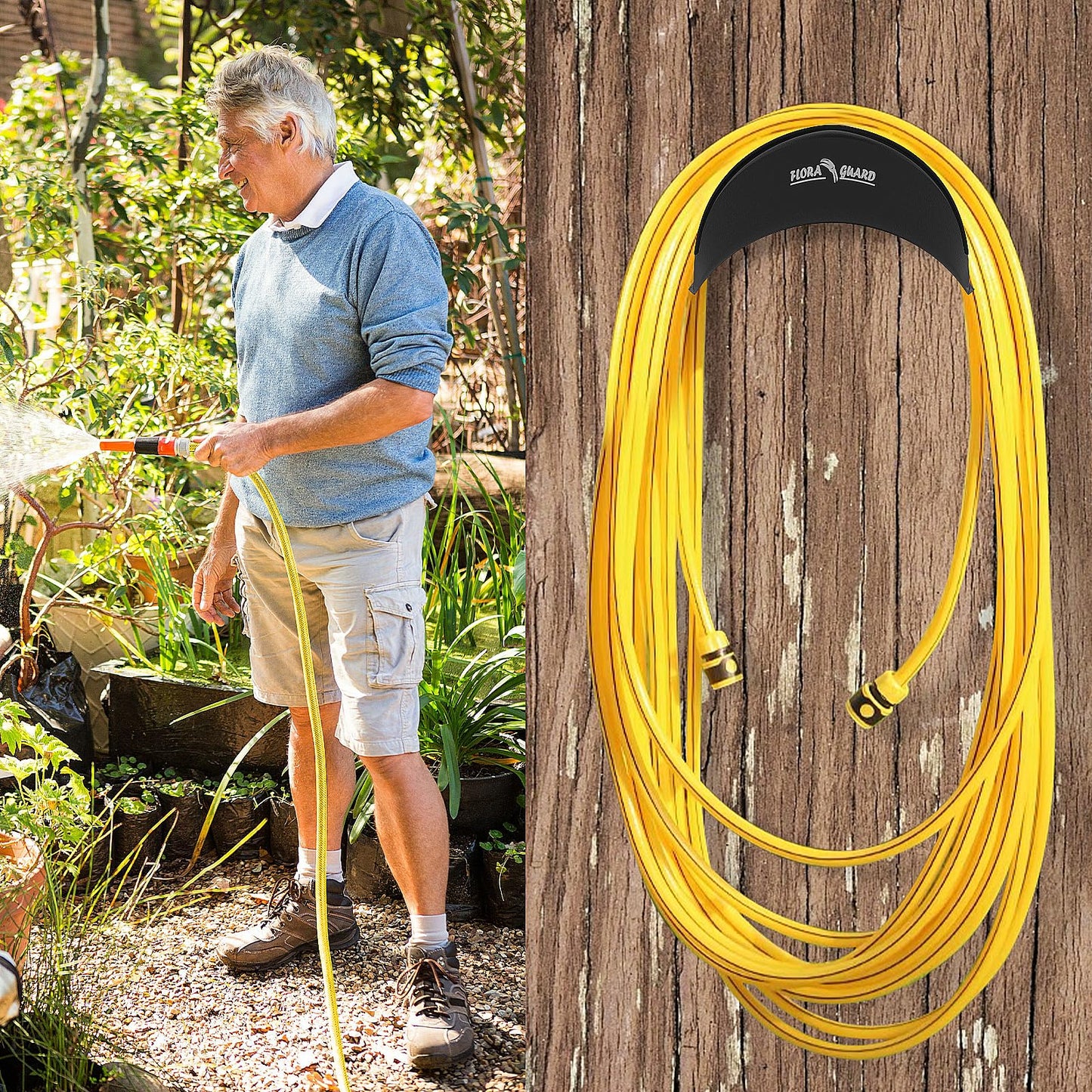 FLORA GUARD Hose Holder Wall Mount - Heavy Duty Metal Hose Hanger Holds Up to 125Ft, Garden Water Hose Holder for Outside Yard, Anti-Rust Anti-Slip (2pcs Black)