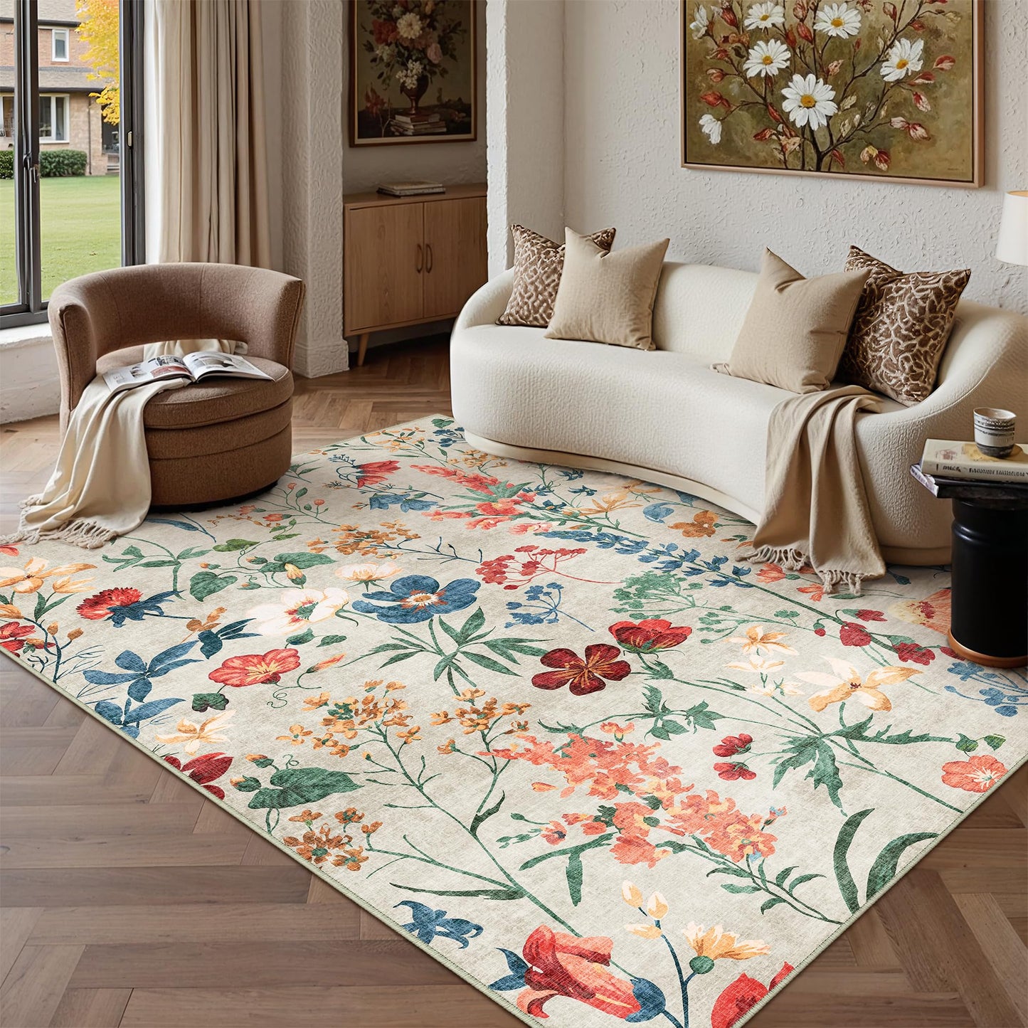 PureCozy 5x7 Area Rug Floral Washable Living Room Boho Kitchen Carpet Indoor Ultra Soft Beige Bedroom Non Slip Low Pile Accent Rug for Office Dining Room Nursery Farmhouse