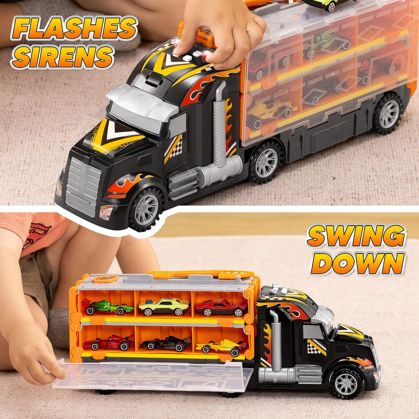 JOYIN Toy Truck for Kids, Race Toy Cars, 60" Extra Long Race Track and 12 Die-Cast Metal Cars, Toddler Carrier Truck Playset with Lights & Sounds, Birthday Gift for 2 3 4 5 6 7 Years Old Boys Girls