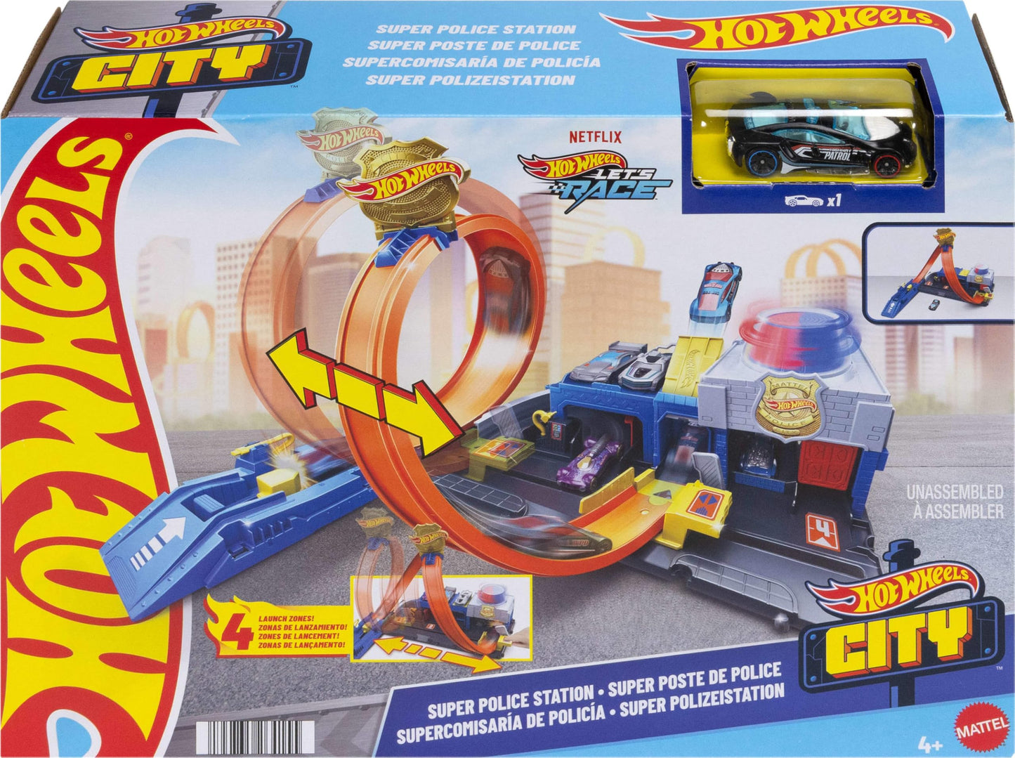 Hot Wheels Toy Car Track Set, Super Police Station Playset with 1:64 Scale Die-Cast Vehicle, Adjustable Loop for Multiple Ways to Race & Stunt