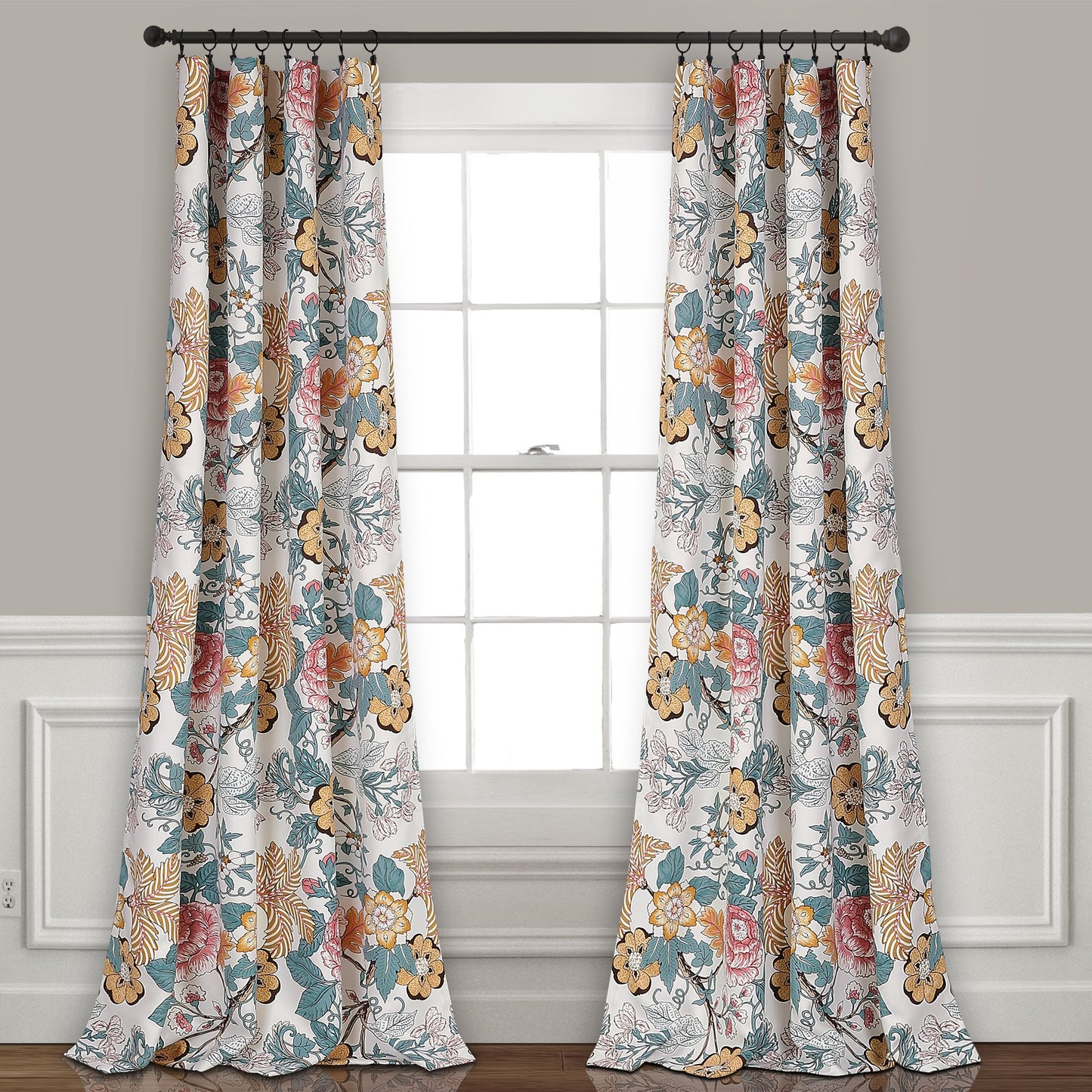 Lush Decor Sydney Curtains | Floral Garden Room Darkening Window Panel Set for Living, Dining, Bedroom (Pair), 95” x 52”, Blue and Yellow, L, Blue & Yellow