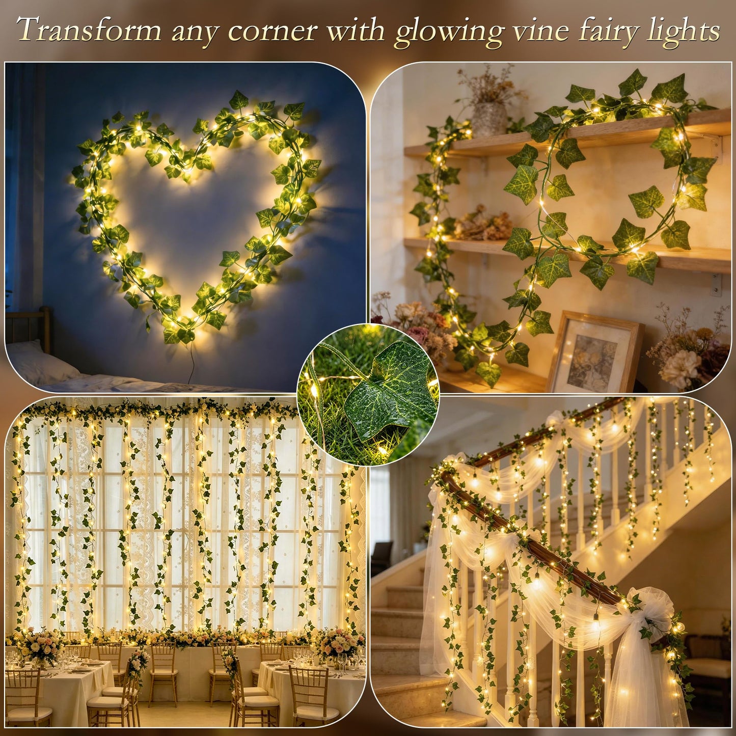 Soagrc Ivy Vines with Fairy Lights, 200 LED Vine Lights with Remote and 8 Lighting Modes, Ivy Curtain Lights for Dorm Wall Wedding Party Garden Decor, 6.6ft x 6.6ft