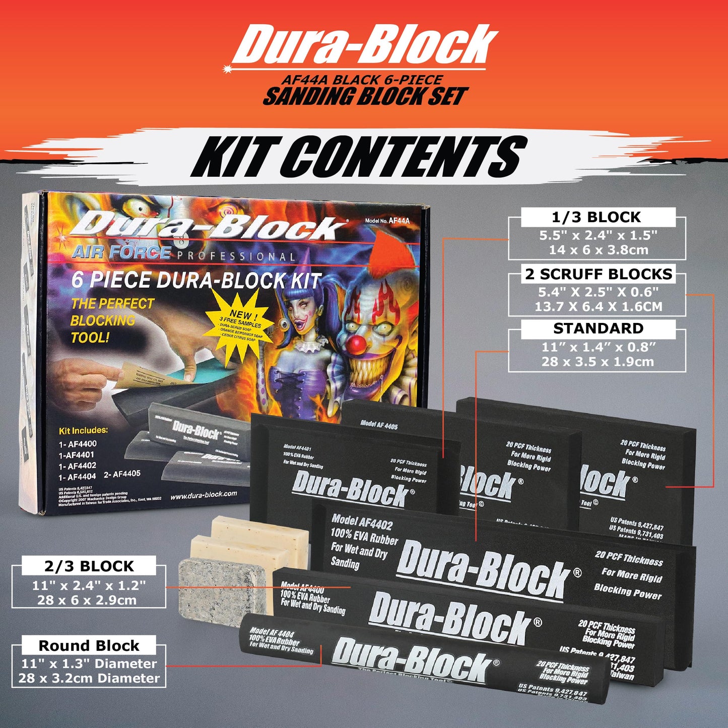 Dura-Block Set 6pc - Flexible EVA Foam Wet or Dry Autobody Sanding Blocks Kit for Automotive Bodywork