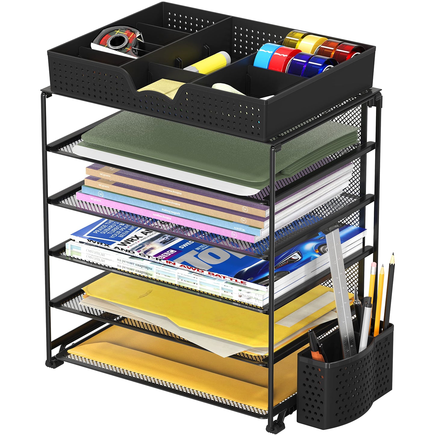 Simple Houseware 5-Tier Desktop Document Tray Organizer with Sliding Drawer and Pen Holder, Black