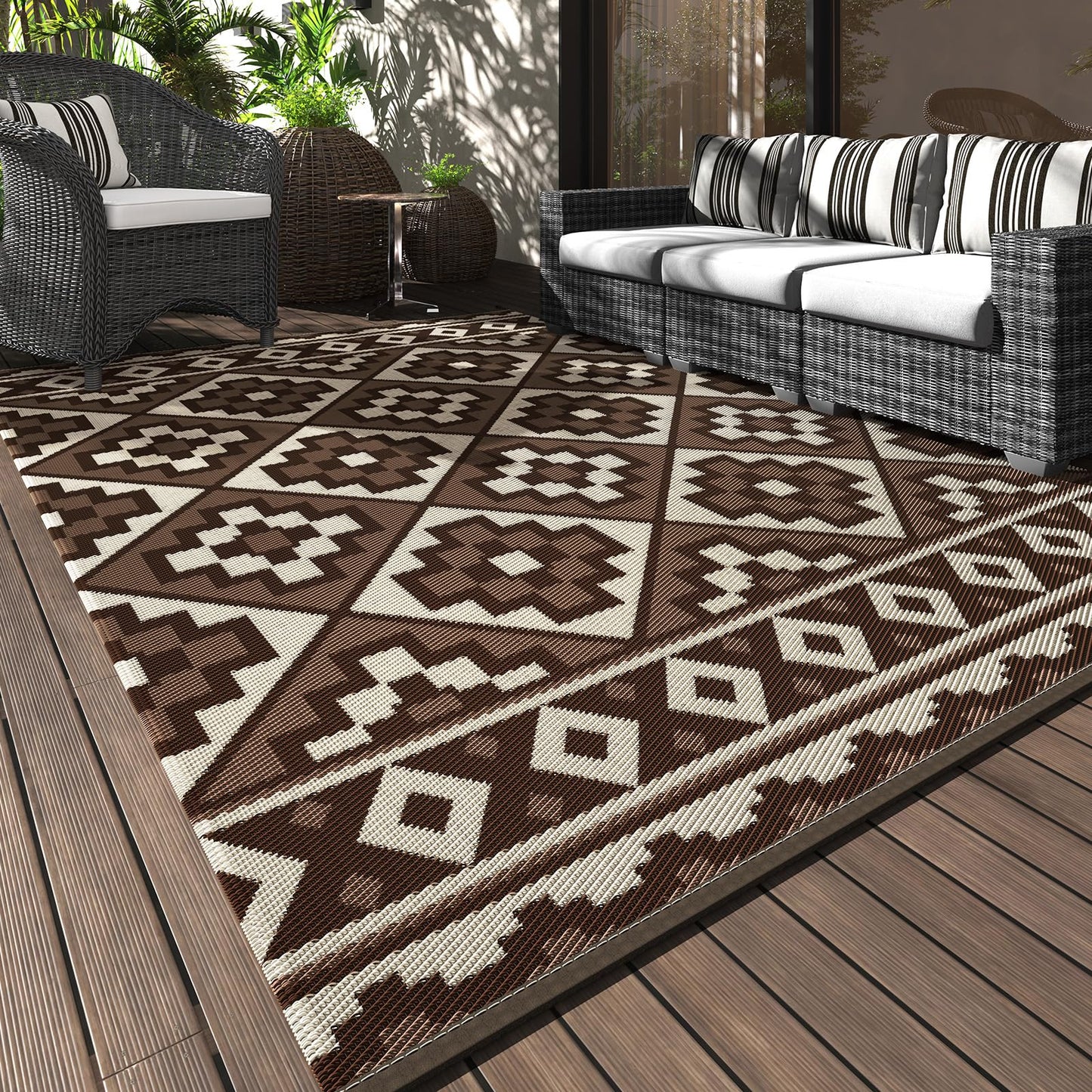 Outdoor Rug Geometric Patio Rug Waterproof Camping Outdoor Carpet Reversible Deck Rugs Portable RV Mat Plastic Straw Rug for Patio Balcony RV Camping Backyard Picnic Brown & Beige 5X8FT