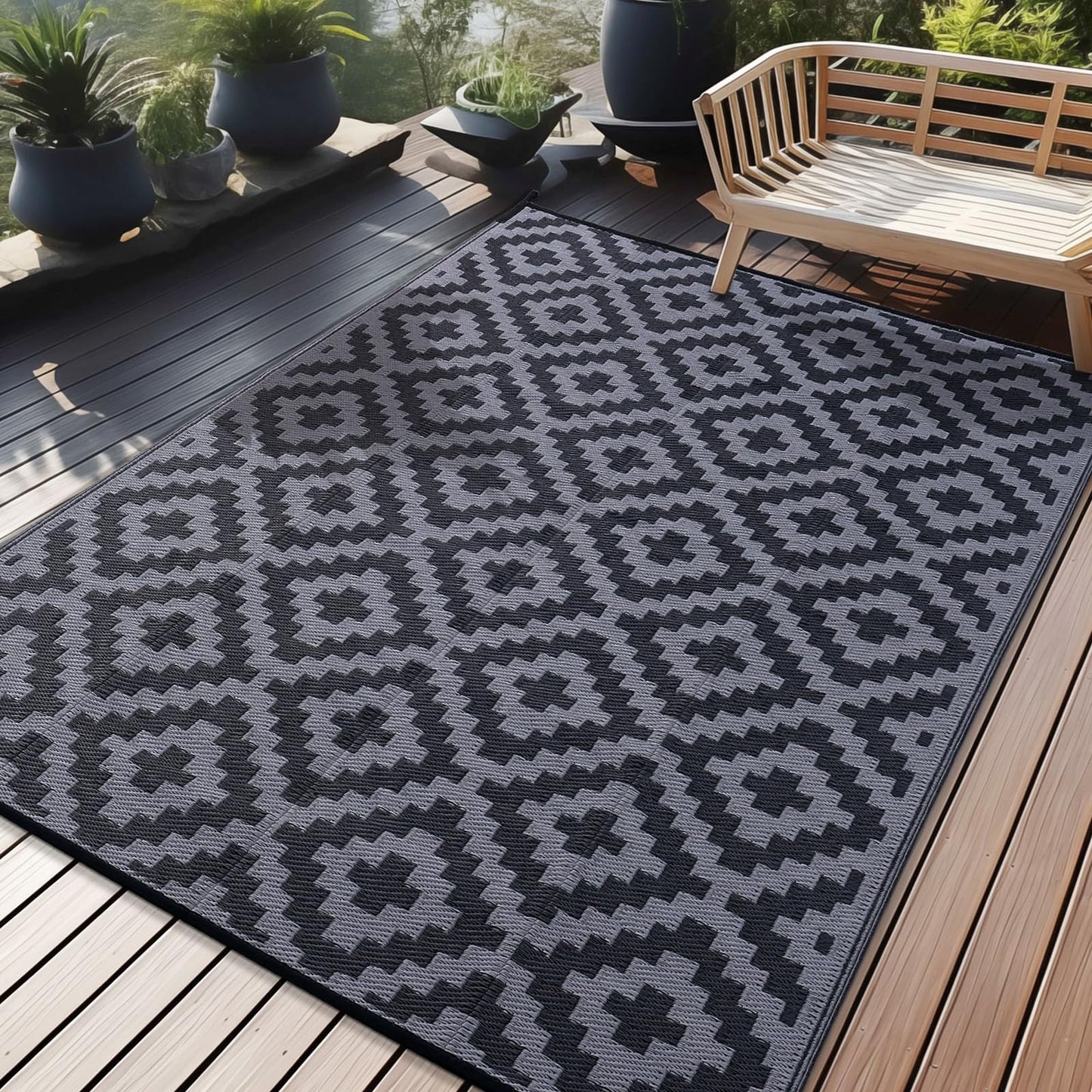 OLANLY Outdoor Rug Waterproof Reversible 6x9 ft, Durable Plastic Straw Patio Camping Carpet, Large Foldable RV Mat for Backyard, Deck, Picnic, Camper, Bench, All-Weather, Lightweight, Black & Grey