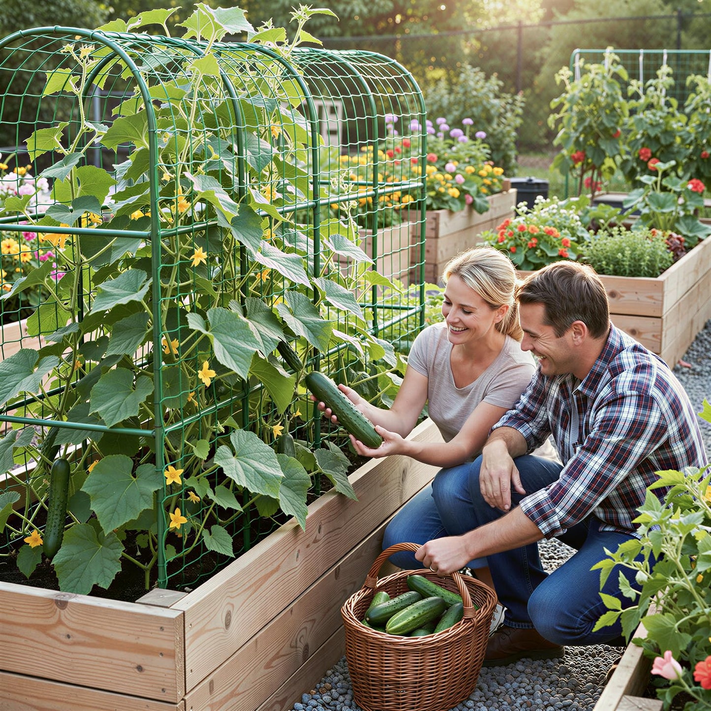 Housolution Cucumber Trellis for Raised Bed, 67"×48" U-Shape Garden Trellis for Climbing Plants Outdoors with 2×3m Net for Tomato Squash Zucchini Peas Beans Grape Fruit Flowers, Green