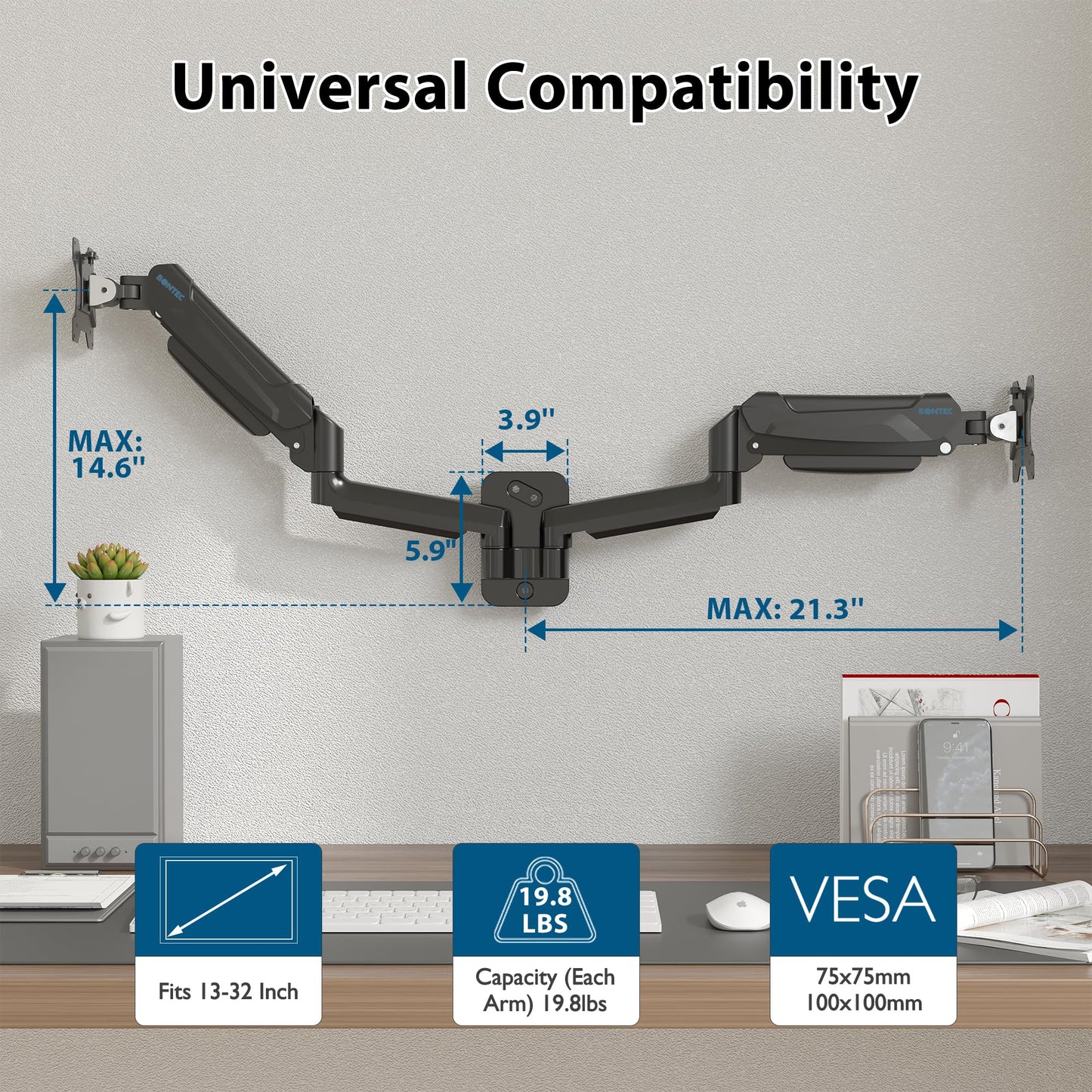 BONTEC Monitor Wall Mount Bracket for 13-32 Inch Screens, Fully Adjustable Gas Spring Monitor Arm, Height Adjustable, Tilt Swivel & Rotate, Holds up to 9 KG, VESA 75x75, 100x100 mm