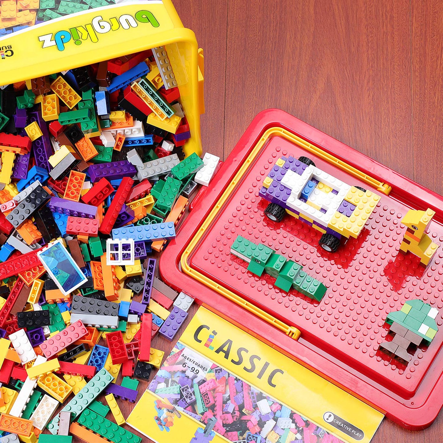 Building Bricks 1020 Pieces Set, 1000 Basic Building Blocks in 17 Fun Shapes Includes Wheels, Door, Window, Bulk Block with Storage Box, Handle and Base Plate, Compatible Block Construction Toys