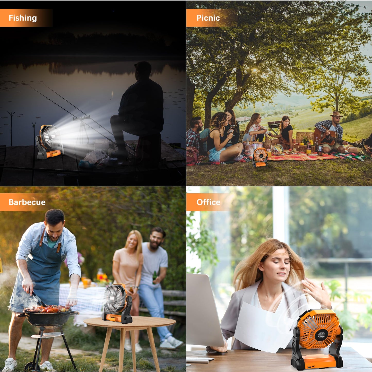 Kssvzz Portable Camping Fan with LED, 20000mAh Rechargeable Battery Powered Fan, 270°Pivot Personal USB Fan, 4 Speed Quiet Table Fan, 9’’ Battery Operated Tent Fan for Travel, Picnic(Orange)