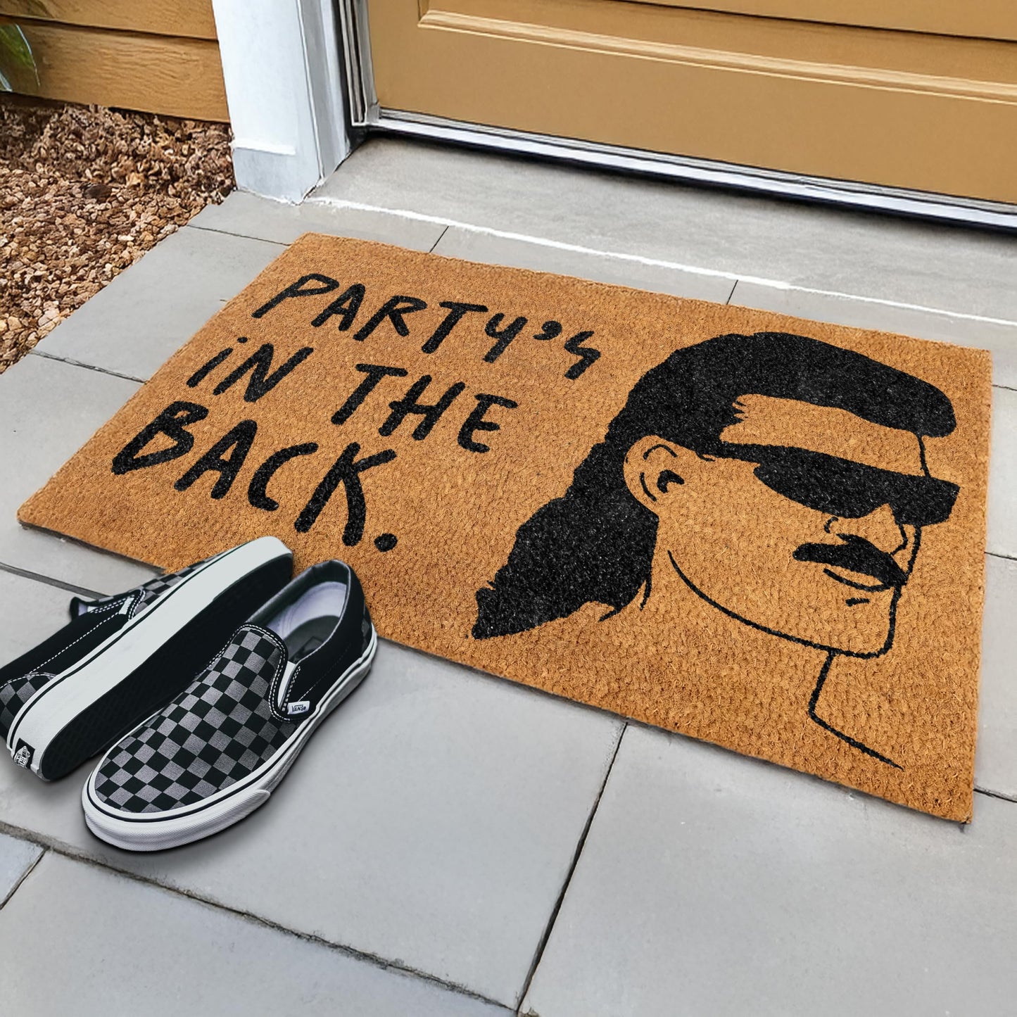 Party's in the Back Door Mat 30x17 Inch, Welcome Mat Funny for Covered Outdoor Area, Coir Doormat Decor w/Non-Slip PVC Backing