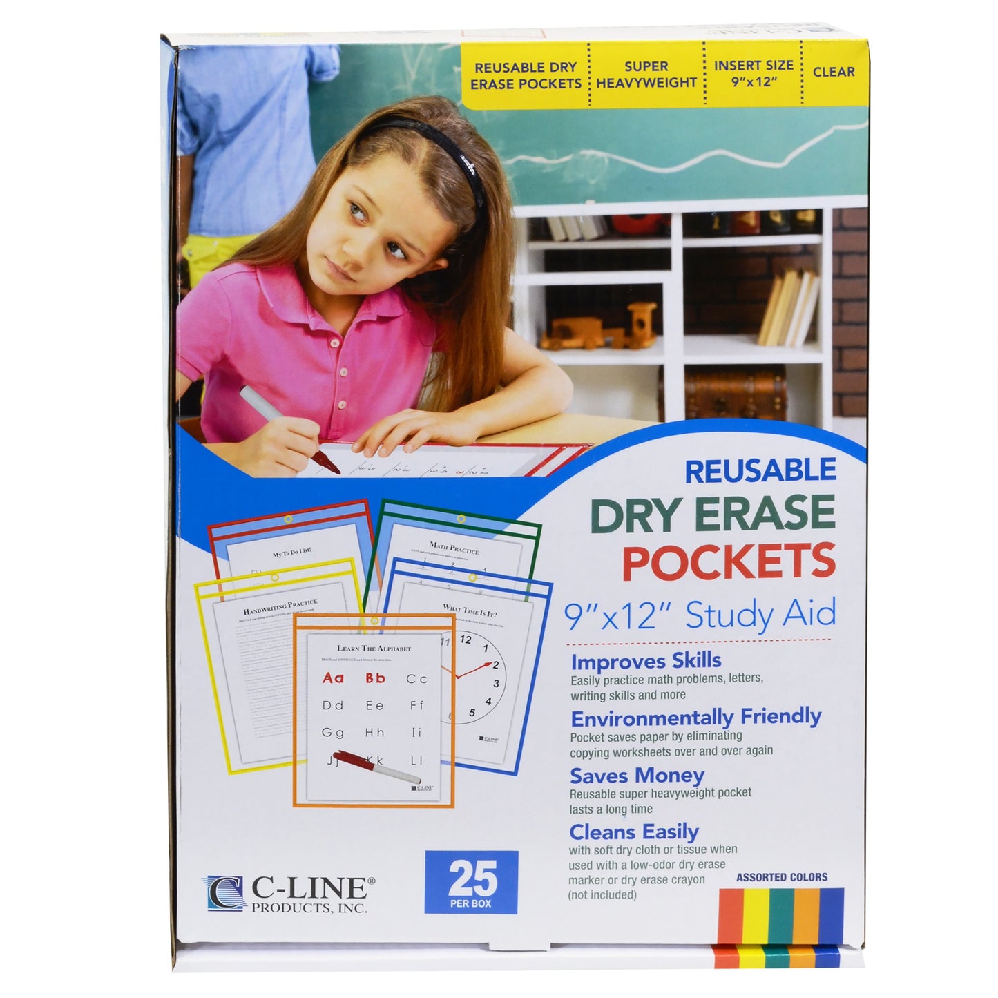 C-Line Reusable Dry Erase Pockets, 9 x 12-Inch, Assorted Primary Colors, 25-Count (40620)