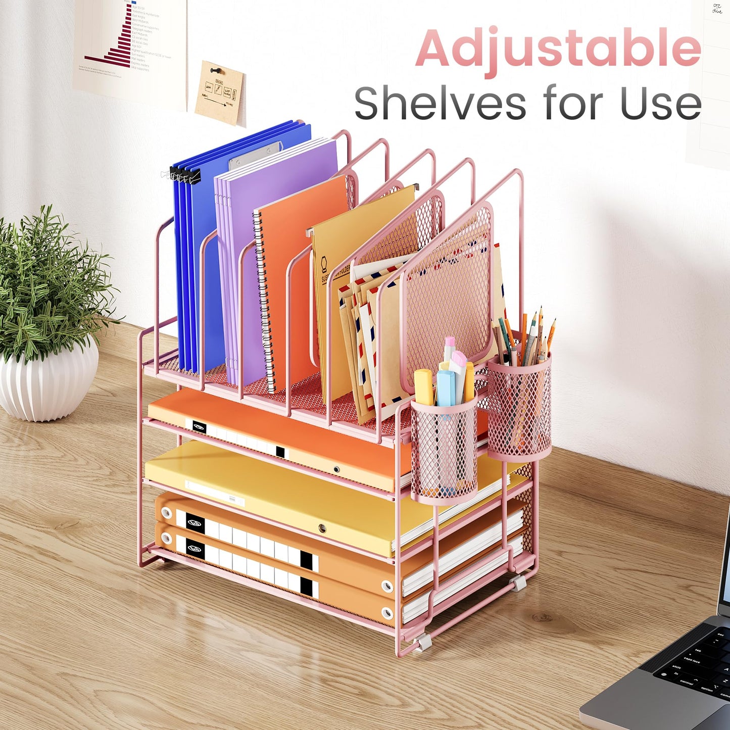 Marbrasse Desk organizer, 4 Tier Mesh File Organizer with 5 Vertical File Holders, Workspace Organizers with Drawer and 2 Pen Holders, Desk Storage for Office, School, Home (Pink)