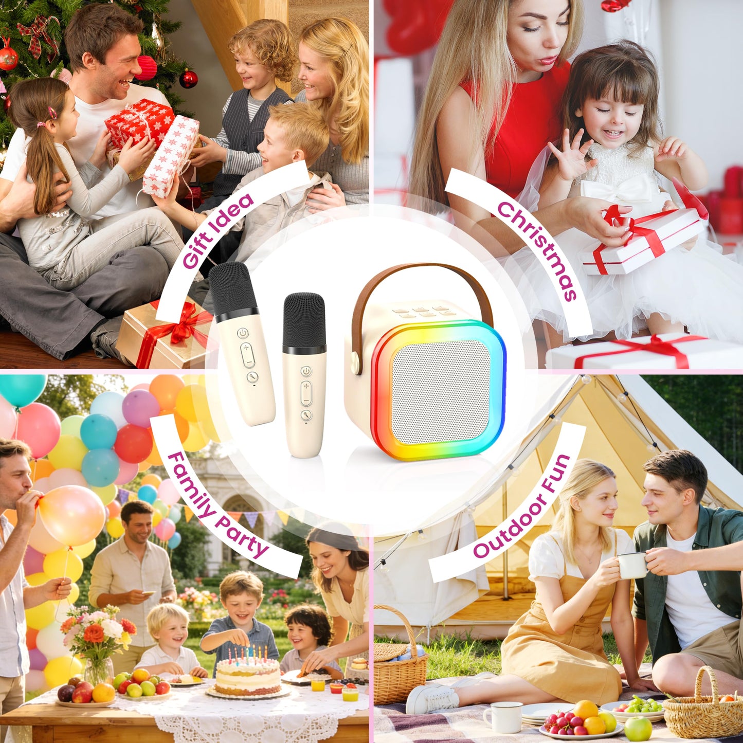 Karaoke Machine for Kids Adults, Portable Bluetooth Mini Karaoke Microphone Singing Speaker Karaoke Player with 2 Wireless Mic Toys for All Smartphones,Birthday, Family,Home Party (Beige)