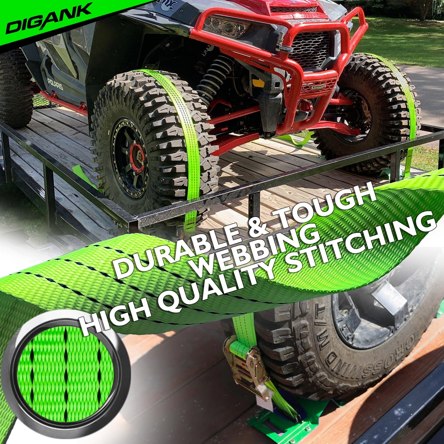 Digank E Track Wheel Chock Tie Down Kit, 2in*15ft Heavy Duty Straps for Car Trailer UTV ATV, Ratchet Tie Downs With Tire Straps (2 Pack)