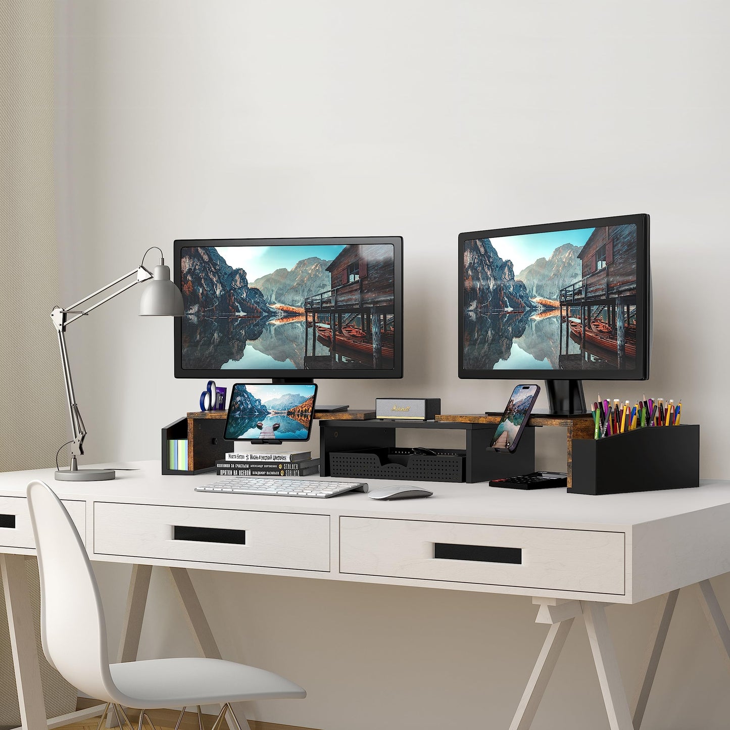Simple Houseware Dual Monitor Stand Riser of Adjustable Length and Angle Shelf with Holder and Drawer, Rustic Brown