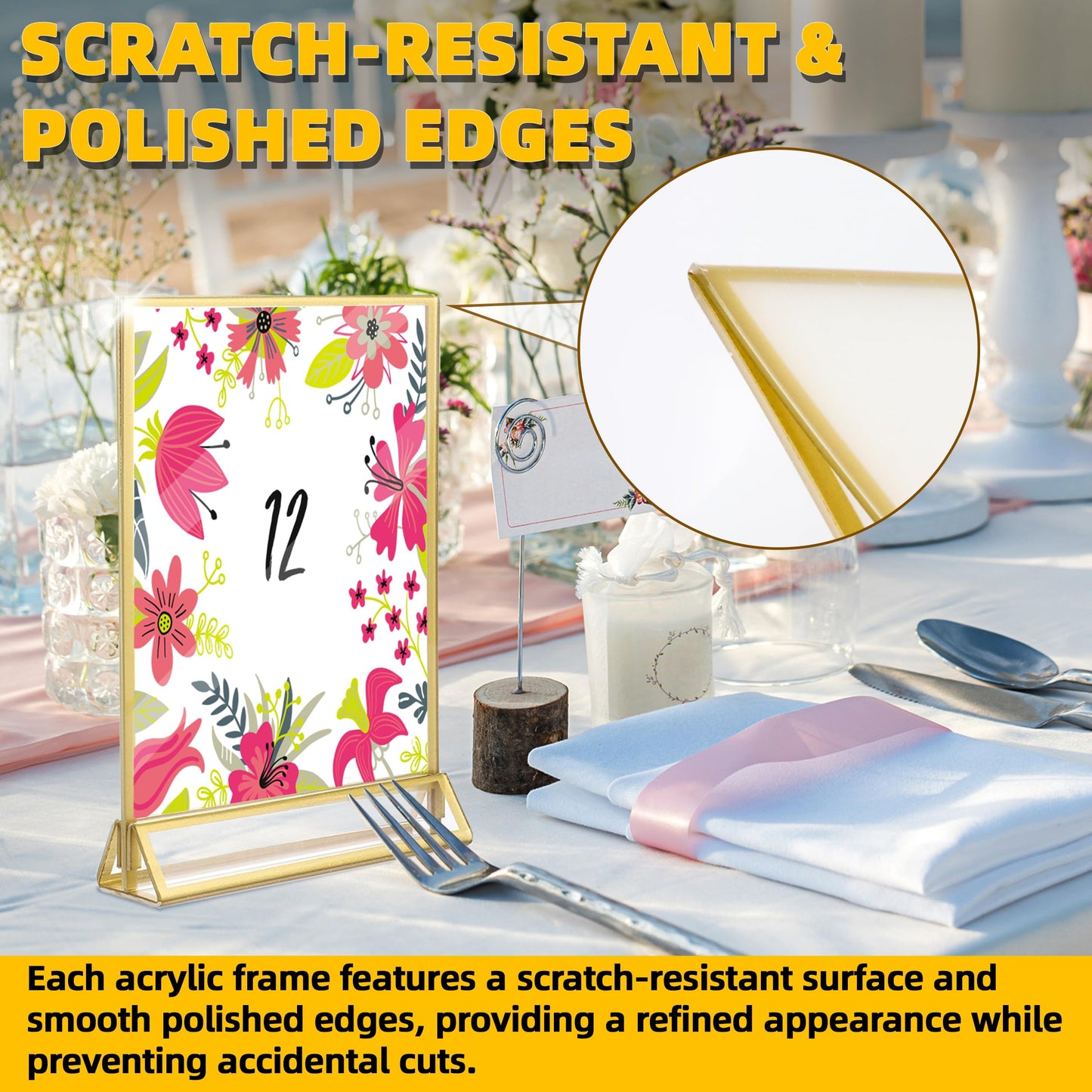 TonGass 5"x7" Clear Acrylic Table Number Holders with 3mm Gold Border (12-Pack), Double-Sided Clear Sign Holders for Weddings, Events, Menu or Photo Display, Vertical Stand Acrylic Picture Frame