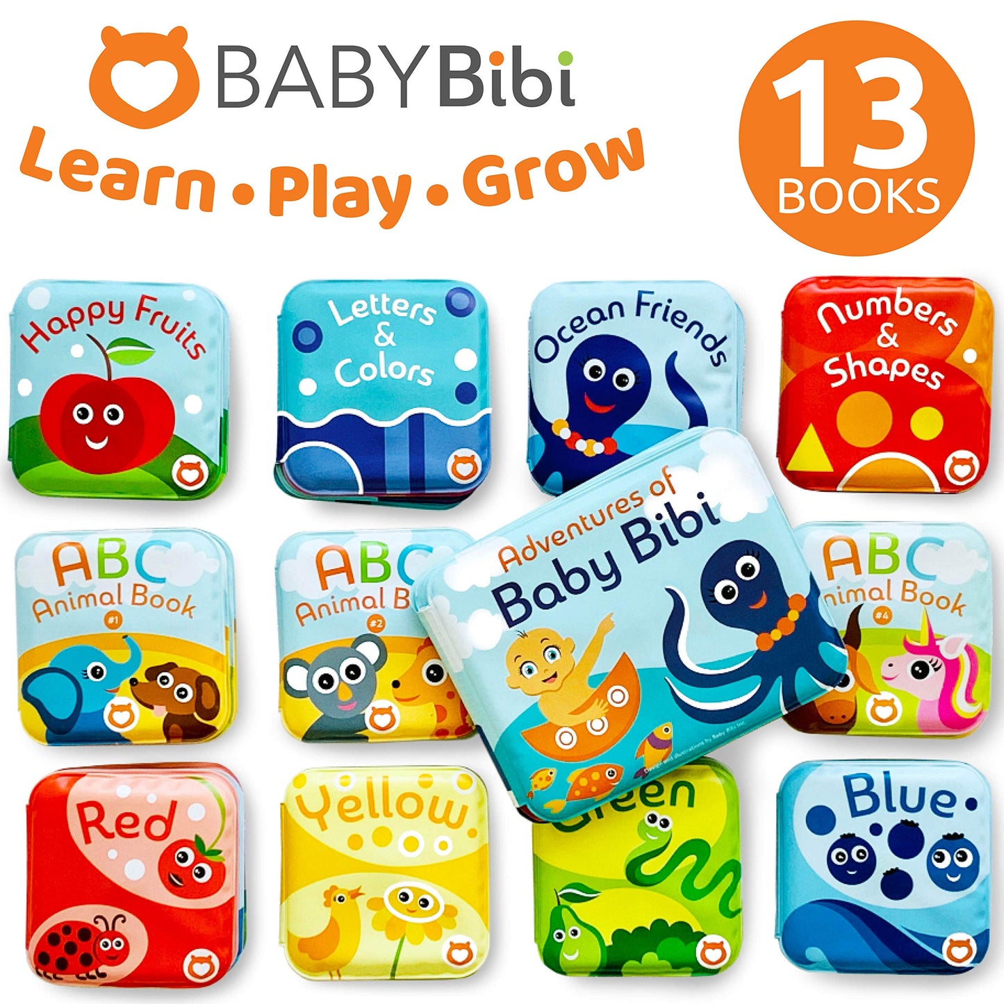 BabyBibi Baby Bath Books Mega Set (Pack of 13 Books) - Educational Waterproof Baby Bathtime Plastic Books for Bath Tub with Animals, Colors, Numbers and ABC Letters - Learning Toy Books for Babies and Toddlers