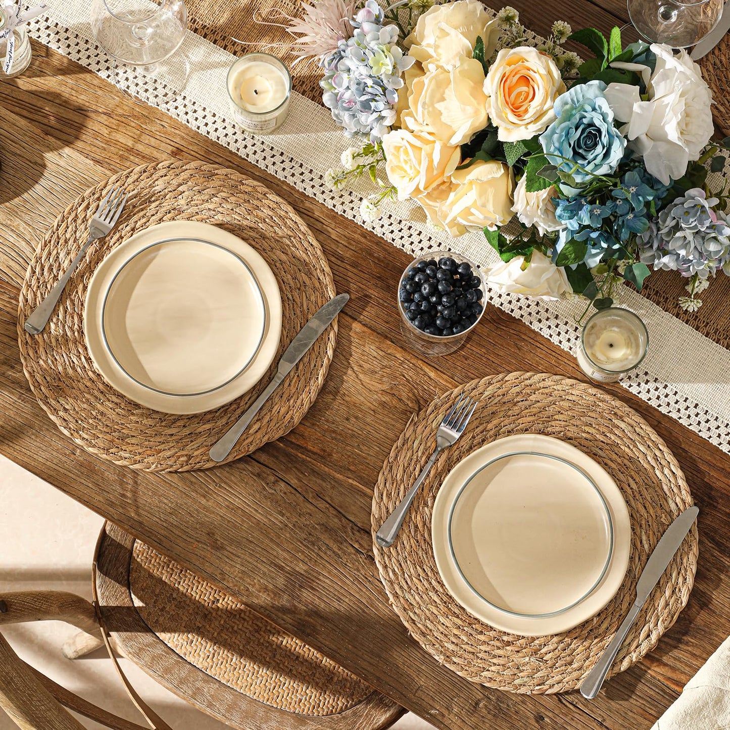 Round Woven Placemats Set of 12, 13.5 inch Boho Rattan Chargers for Dinner Plates, Rustic Wicker Place Mats, Hand-Woven from Natural Hyacinth, for Dining Table, Farmhouse, and Thanksgiving