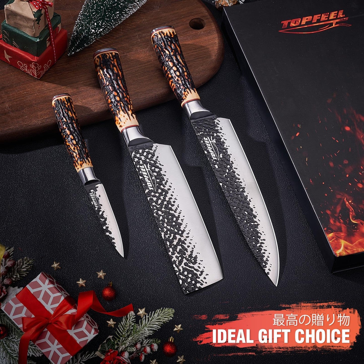 Topfeel Kitchen Knife Set, 3 PCS Japanese Chef Knife Set, Hand Forged High Carbon Stainless Steel Knives Sets,Ultra Sharp Professional Chef Knives Sets with Unique Antler-Like Handle