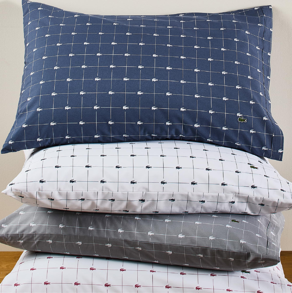 Lacoste 100% Cotton Percale 4-Piece Sheet Set – Cool, Crisp, Matte, and Durable, Oeko-Tex Certified – Print, Slice, Navy, Queen