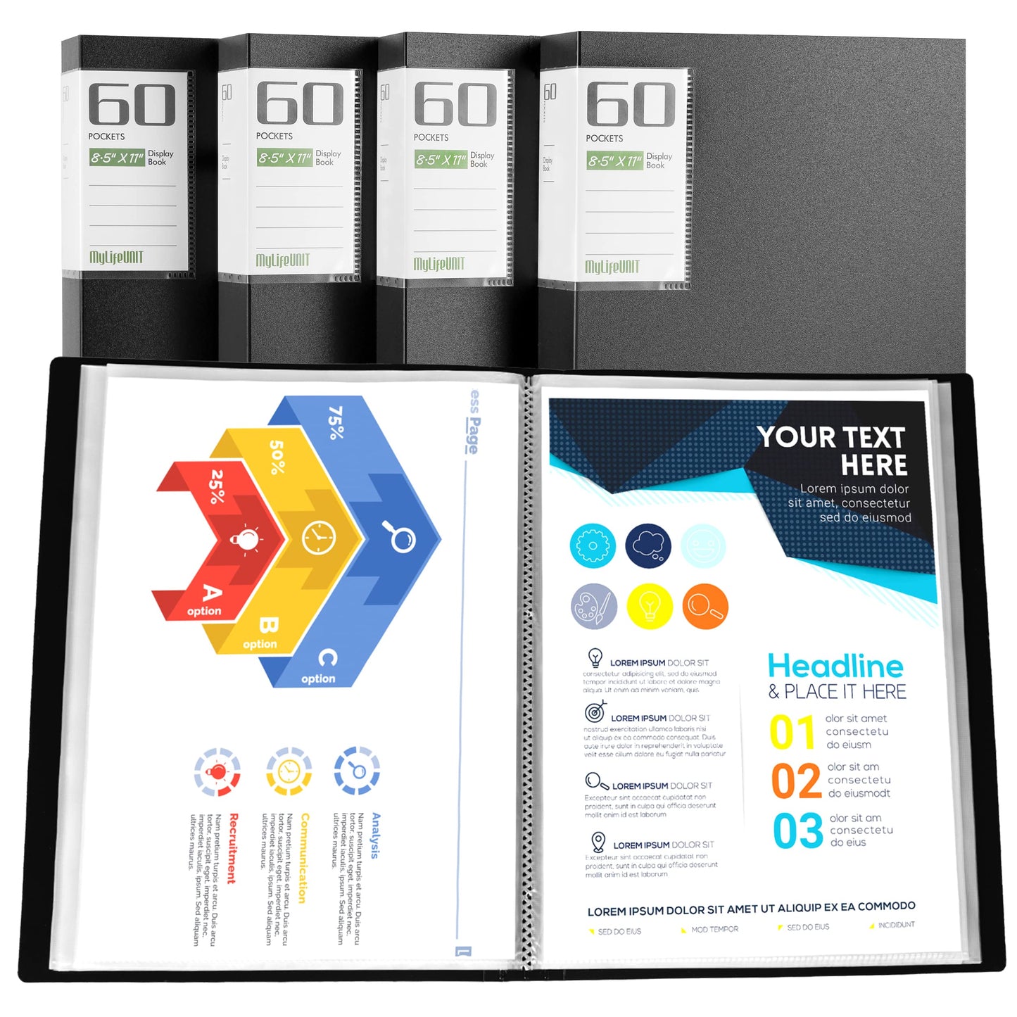 MyLifeUNIT Professional Binder with Plastic Sleeves, 60 Pockets Displays 120 Pages, 4 Pack Presentation Books Portfolio Folder for Artwork, Documents, Recipes