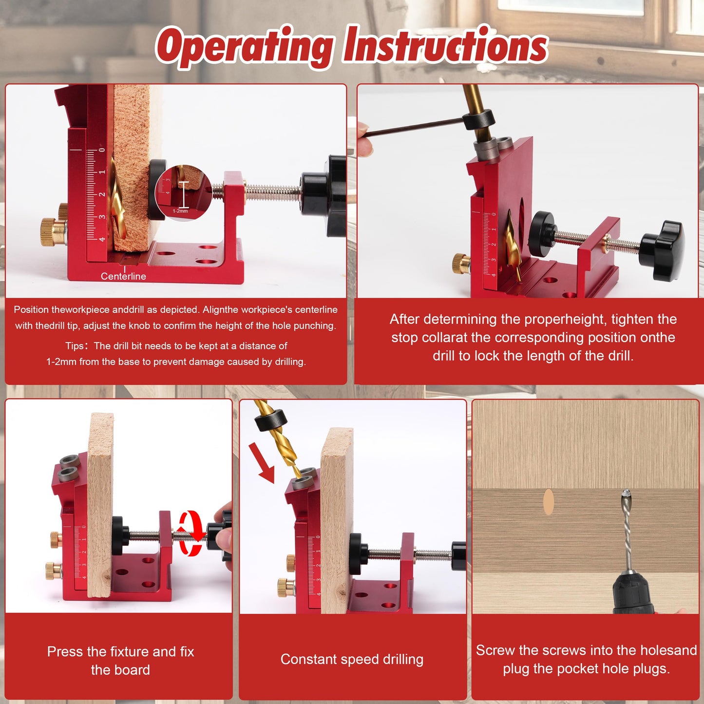 Pocket Hole Jig Kit for Beginners, Adjustable 15° Aluminum Woodworking Jig with Depth Stop & Dual-Scale Slider, Includes Drill Bit, 3-in-1 Hole Jig Kit for Cabinets, Furniture & DIY Table Leg Assembly
