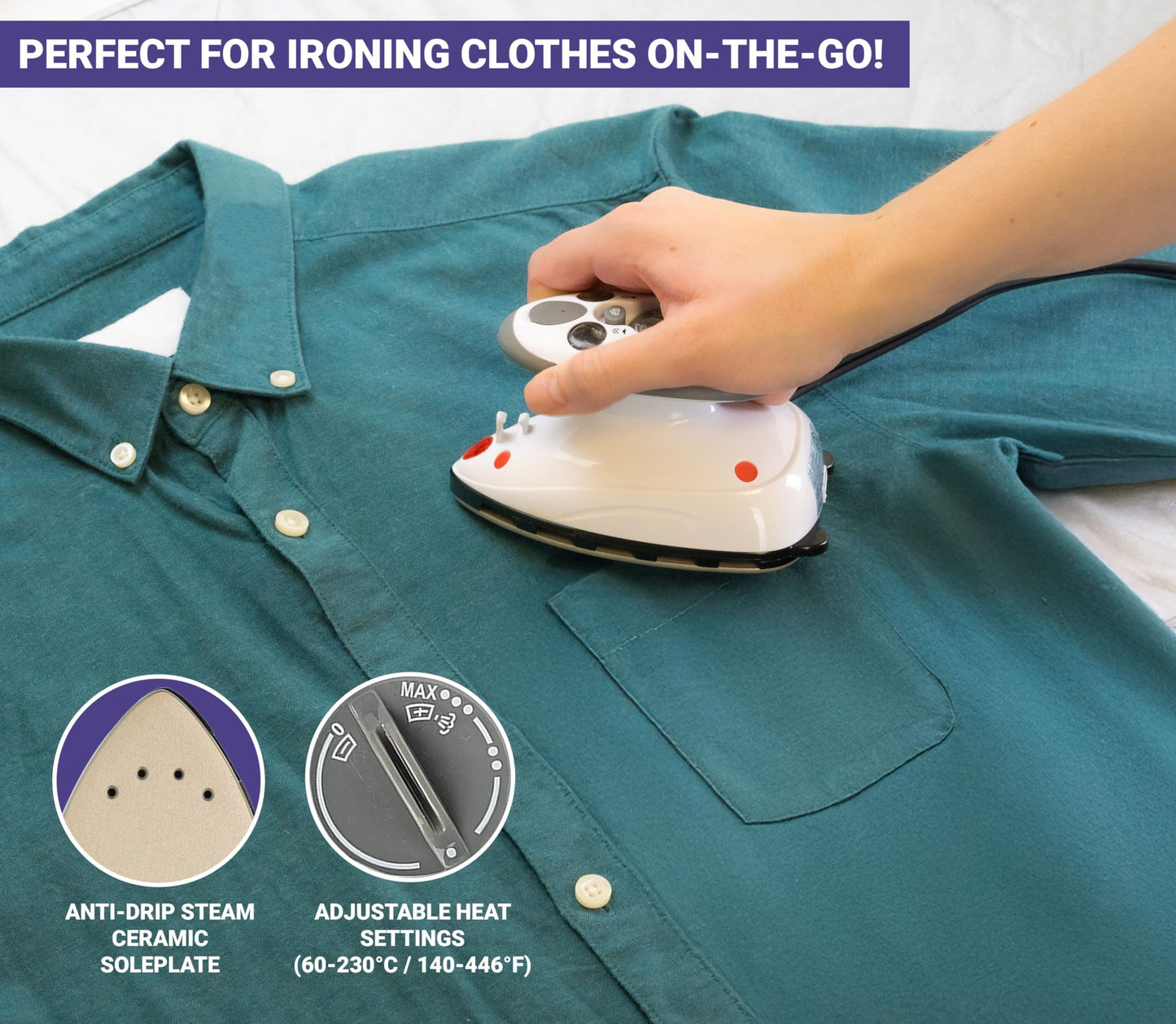 The Quilted Bear Mini Iron, Iron Rest & Ironing Mat - Lightweight Mini Steam Iron with Hard Shell Travel Case, Heat Resistant Silicone Iron Rest & Travel Ironing Mat (Black)