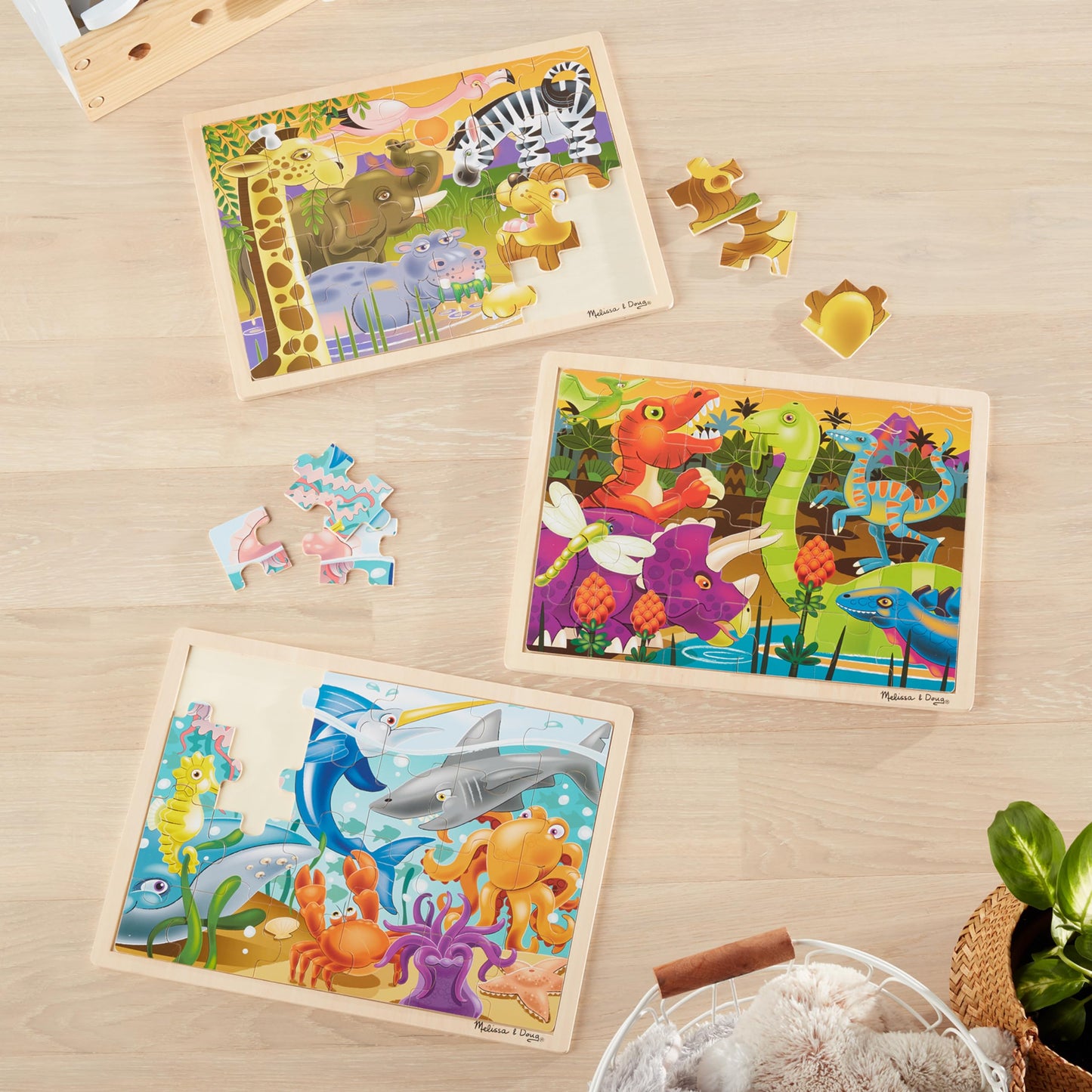Melissa & Doug 3-Puzzle Jigsaw Set - Dinosaurs, Ocean, and SafariToddler Jigsaw Puzzles; Sea Creatures, Dinosaur, Animal Wood Puzzles for Kids Ages 3+